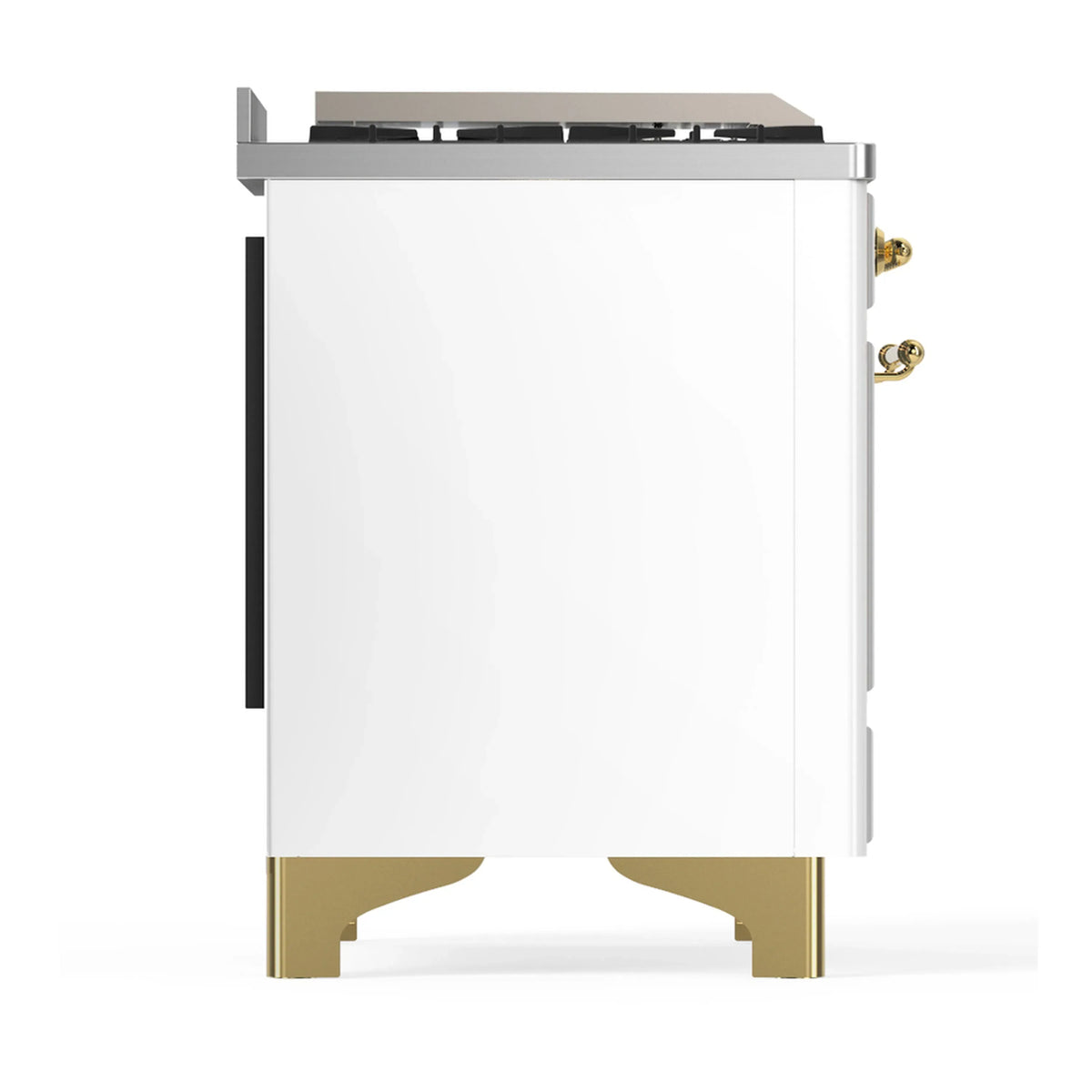 ILVE Majestic III 48-inch Dual Fuel Range with 5 Natural Gas Burner, Griddle, French Top and Solid Door Electric Oven in White with Brass Trim (UM48FSQNR3WHG)