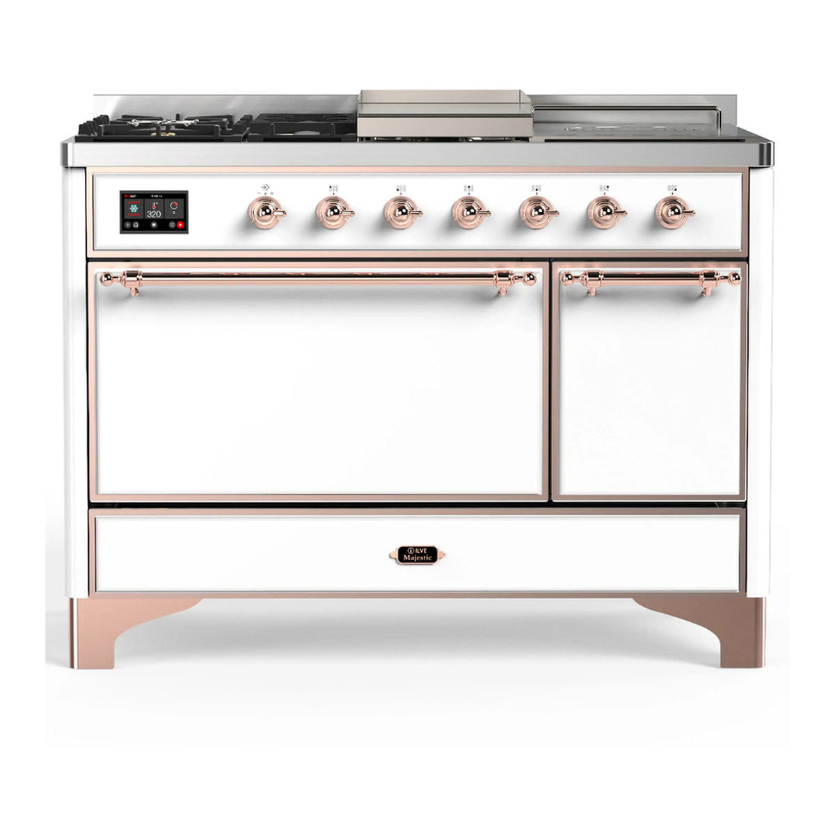 ILVE Majestic III 48-inch Dual Fuel Range with 5 Natural Gas Burner, Griddle, French Top and Solid Door Electric Oven in White with Copper Trim (UM48FSQNR3WHP)