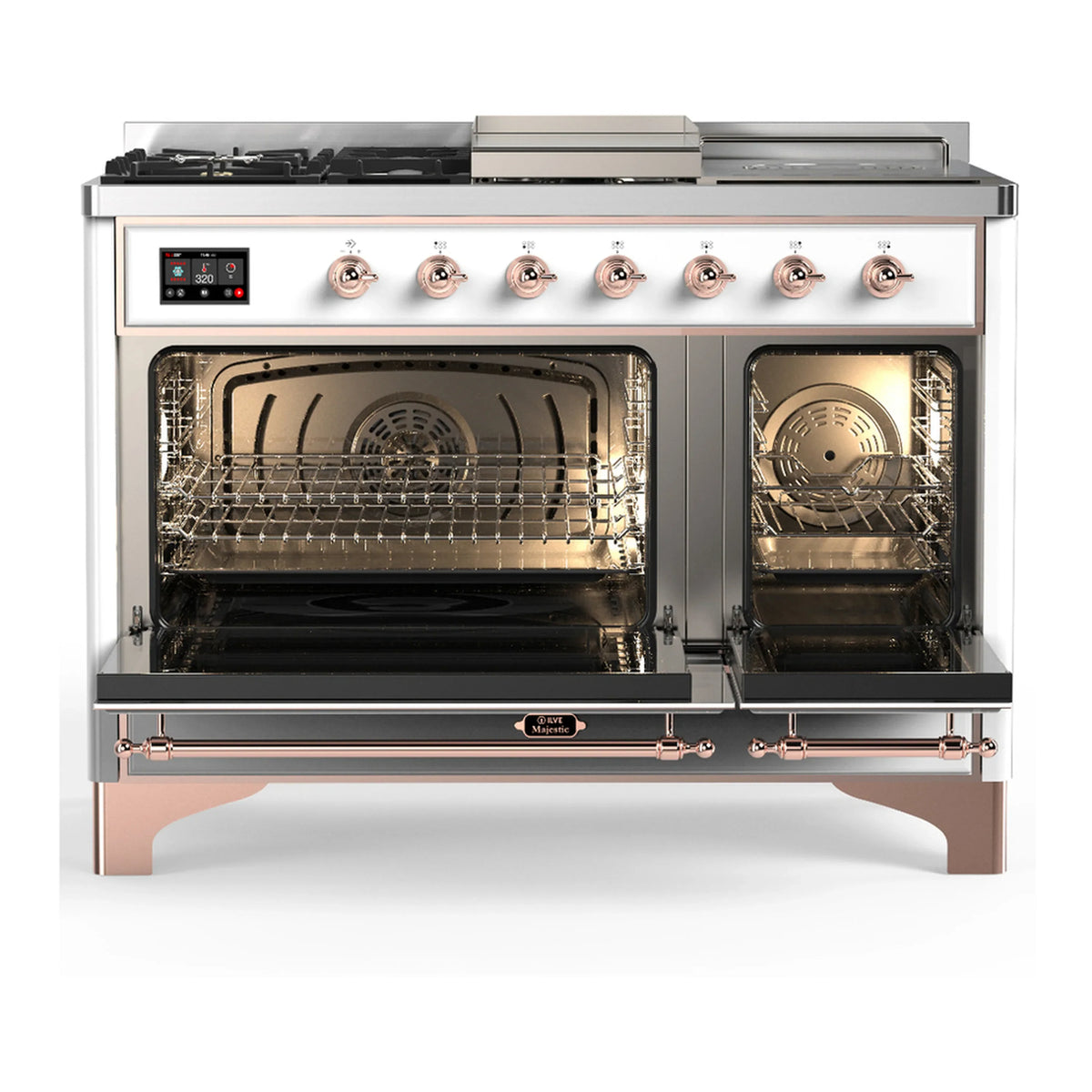 ILVE Majestic III 48-inch Dual Fuel Range with 5 Natural Gas Burner, Griddle, French Top and Solid Door Electric Oven in White with Copper Trim (UM48FSQNR3WHP)