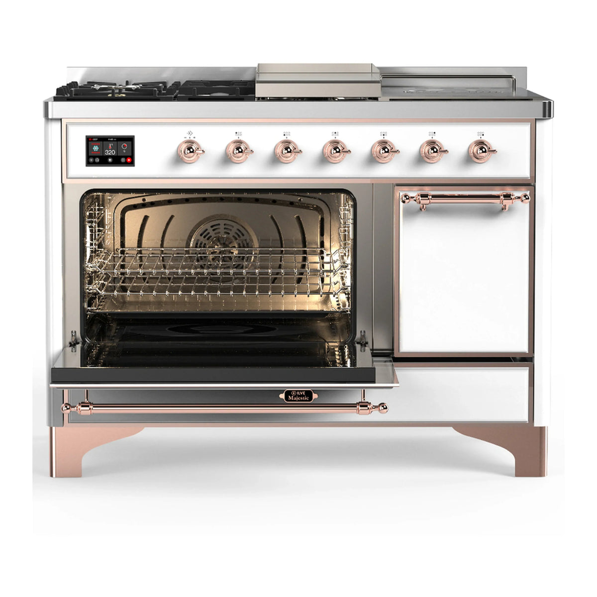 ILVE Majestic III 48-inch Dual Fuel Range with 5 Natural Gas Burner, Griddle, French Top and Solid Door Electric Oven in White with Copper Trim (UM48FSQNR3WHP)