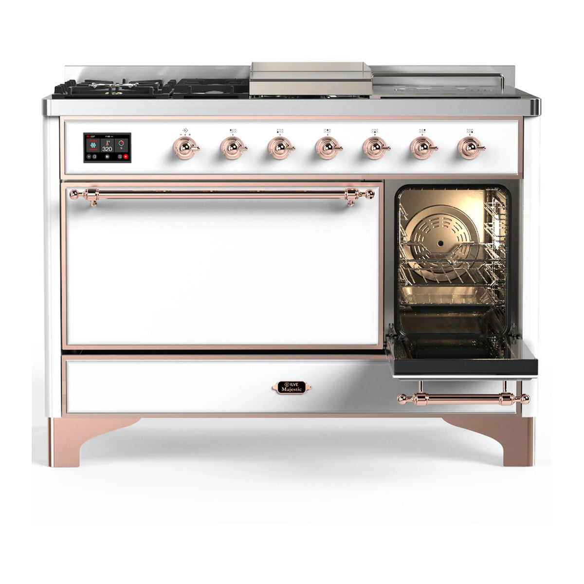 ILVE Majestic III 48-inch Dual Fuel Range with 5 Natural Gas Burner, Griddle, French Top and Solid Door Electric Oven in White with Copper Trim (UM48FSQNR3WHP)