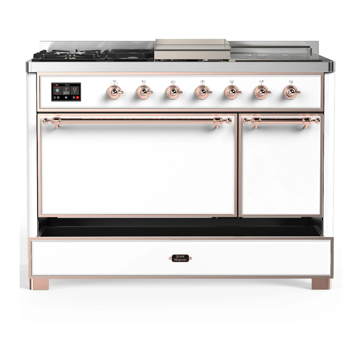 ILVE Majestic III 48-inch Dual Fuel Range with 5 Natural Gas Burner, Griddle, French Top and Solid Door Electric Oven in White with Copper Trim (UM48FSQNR3WHP)