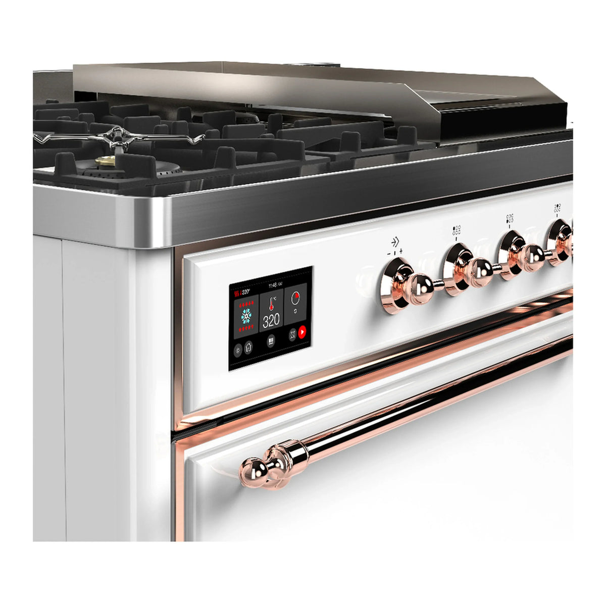 ILVE Majestic III 48-inch Dual Fuel Range with 5 Natural Gas Burner, Griddle, French Top and Solid Door Electric Oven in White with Copper Trim (UM48FSQNR3WHP)