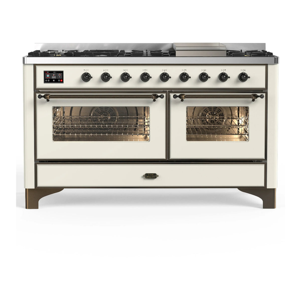 ILVE Majestic III 60-inch Dual Fuel Range with 7 Natural Gas Burner, Griddle and Triple Glass Door Electric Oven in Antique White with Burnished Trim (UM60FNR3AWB)