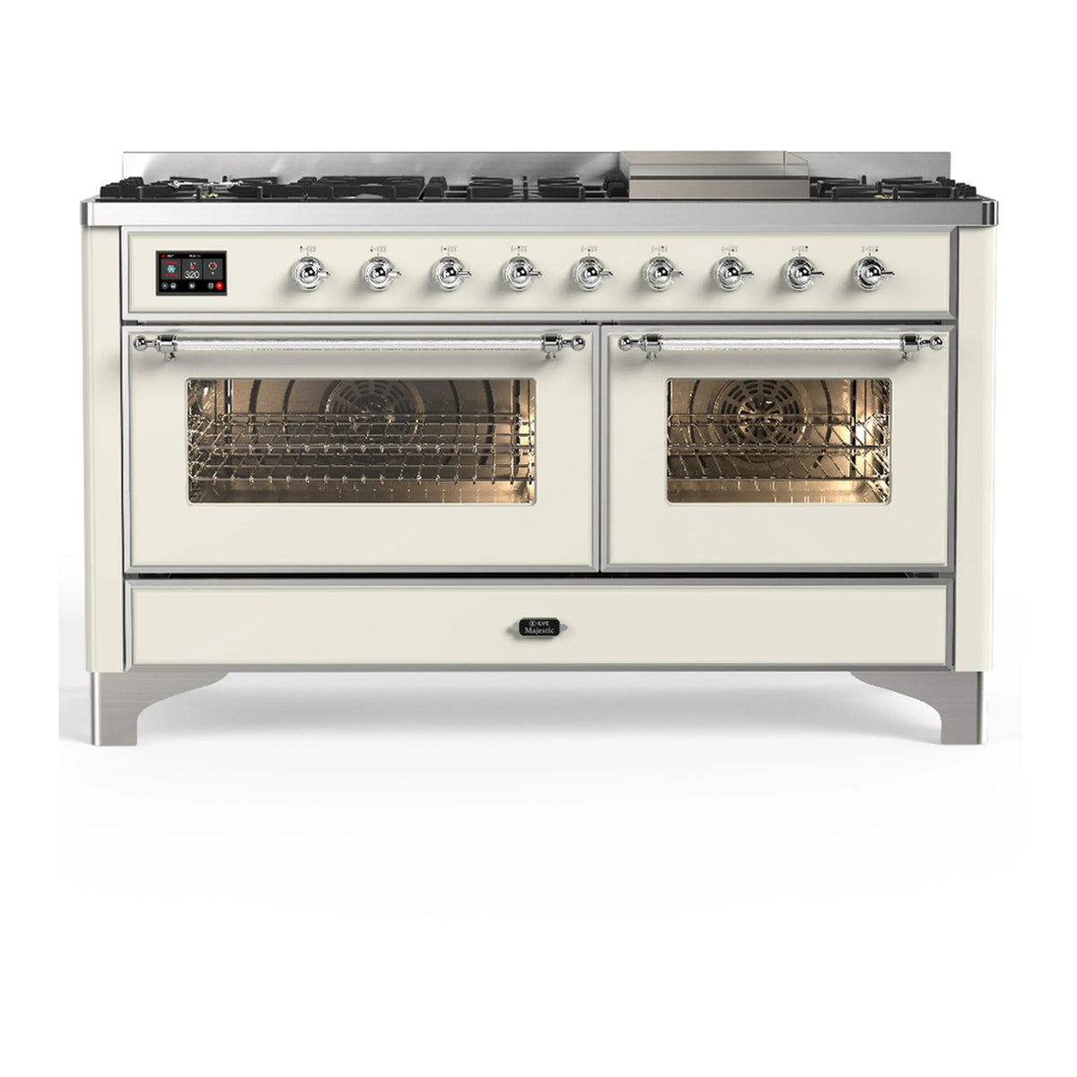 ILVE Majestic III 60-Inch NG Dual Fuel Range, 7 Burners, Griddle, Triple Glass Door Oven, Antique White with Chrome Trim (UM60FNR3AWC)