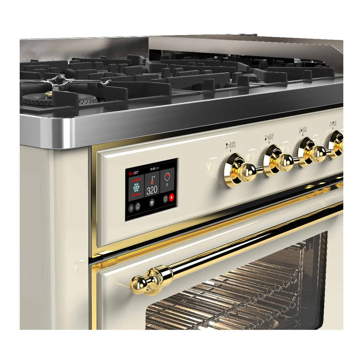 ILVE Majestic III 60-inch Dual Fuel Range with 5 Liquid Propane Burner, Griddle and Triple Glass Door Electric Oven in Antique White with Brass Trim (UM60FNR3AWGLP)