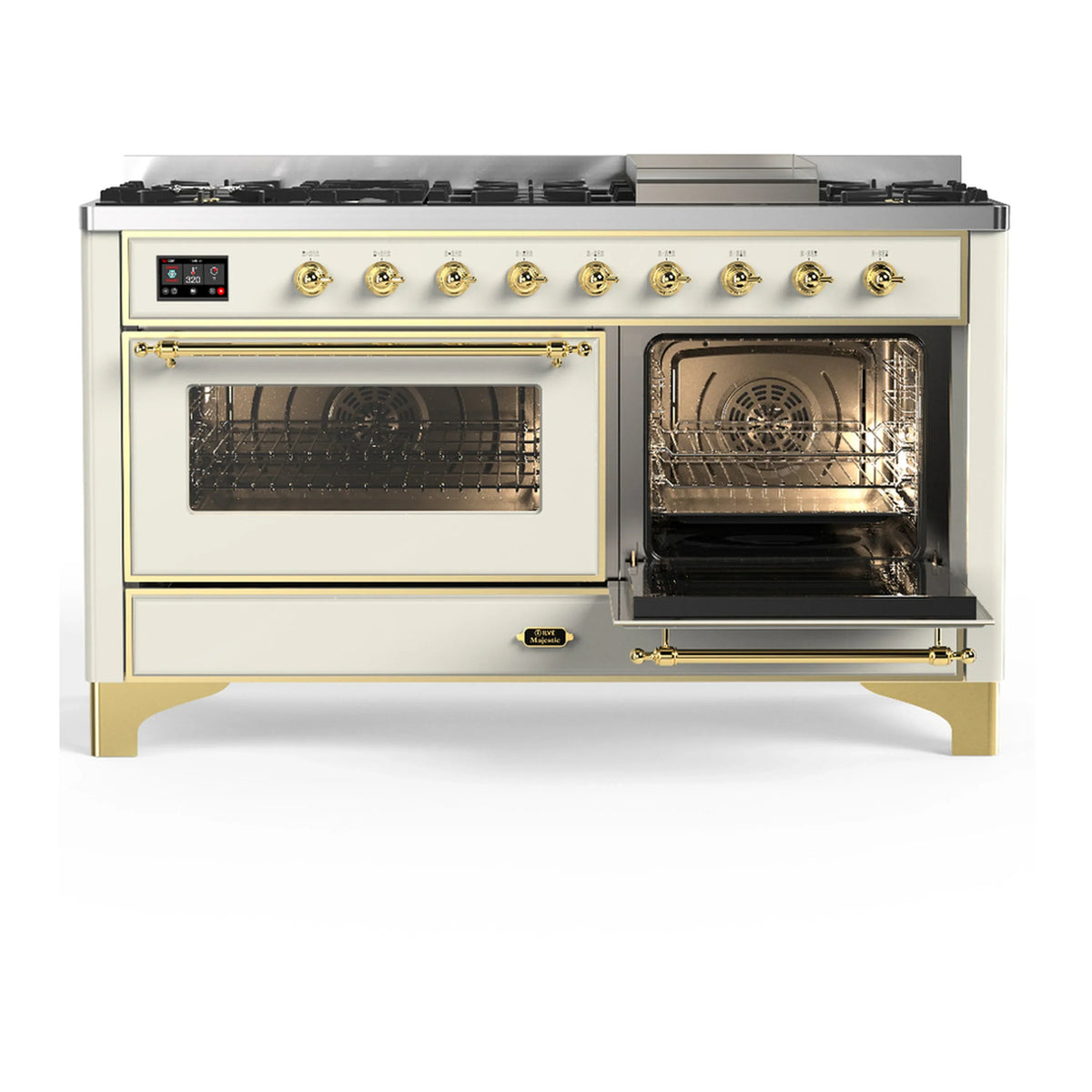 ILVE Majestic III 60-inch Dual Fuel Range with 5 Liquid Propane Burner, Griddle and Triple Glass Door Electric Oven in Antique White with Brass Trim (UM60FNR3AWGLP)