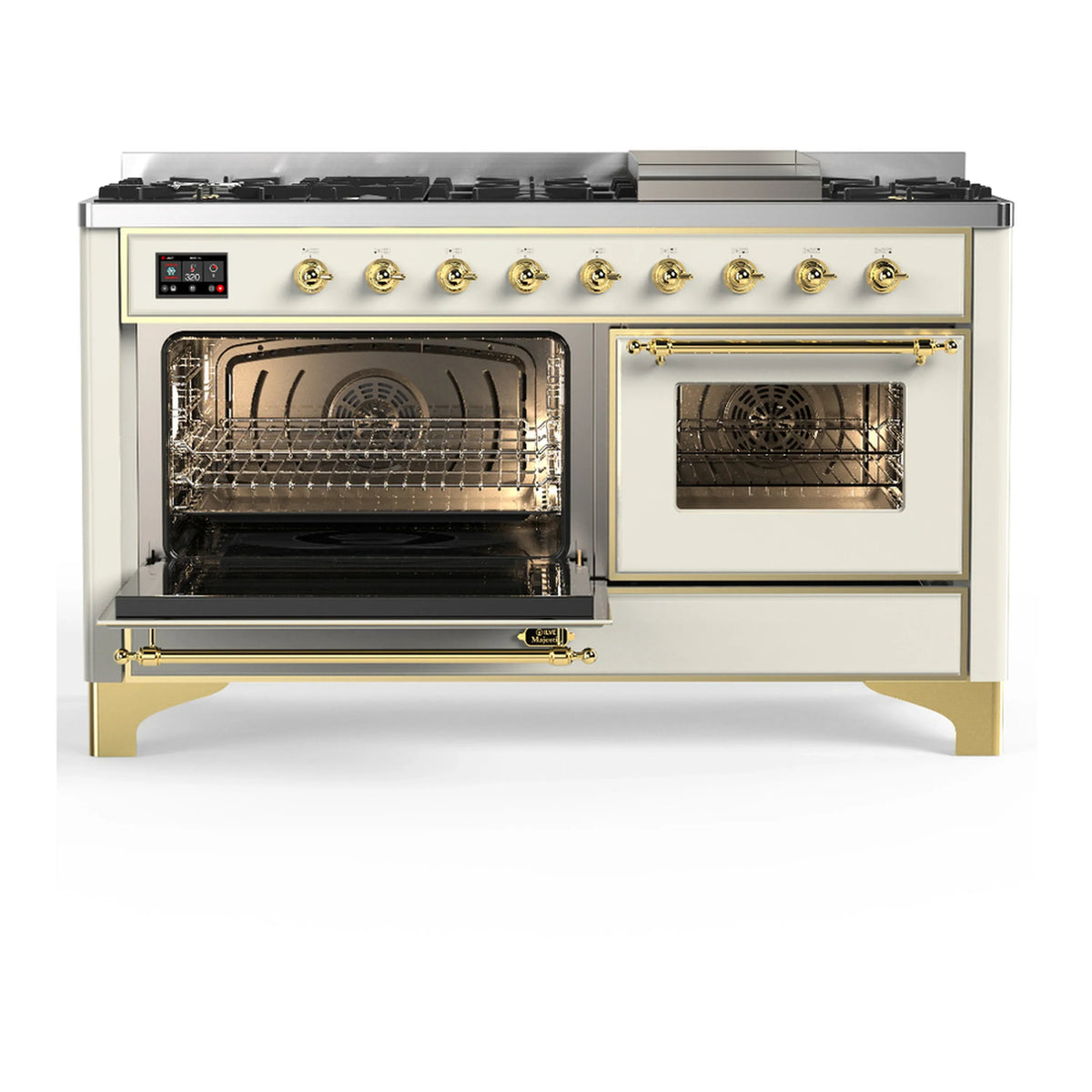 ILVE Majestic III 60-inch Dual Fuel Range with 5 Liquid Propane Burner, Griddle and Triple Glass Door Electric Oven in Antique White with Brass Trim (UM60FNR3AWGLP)