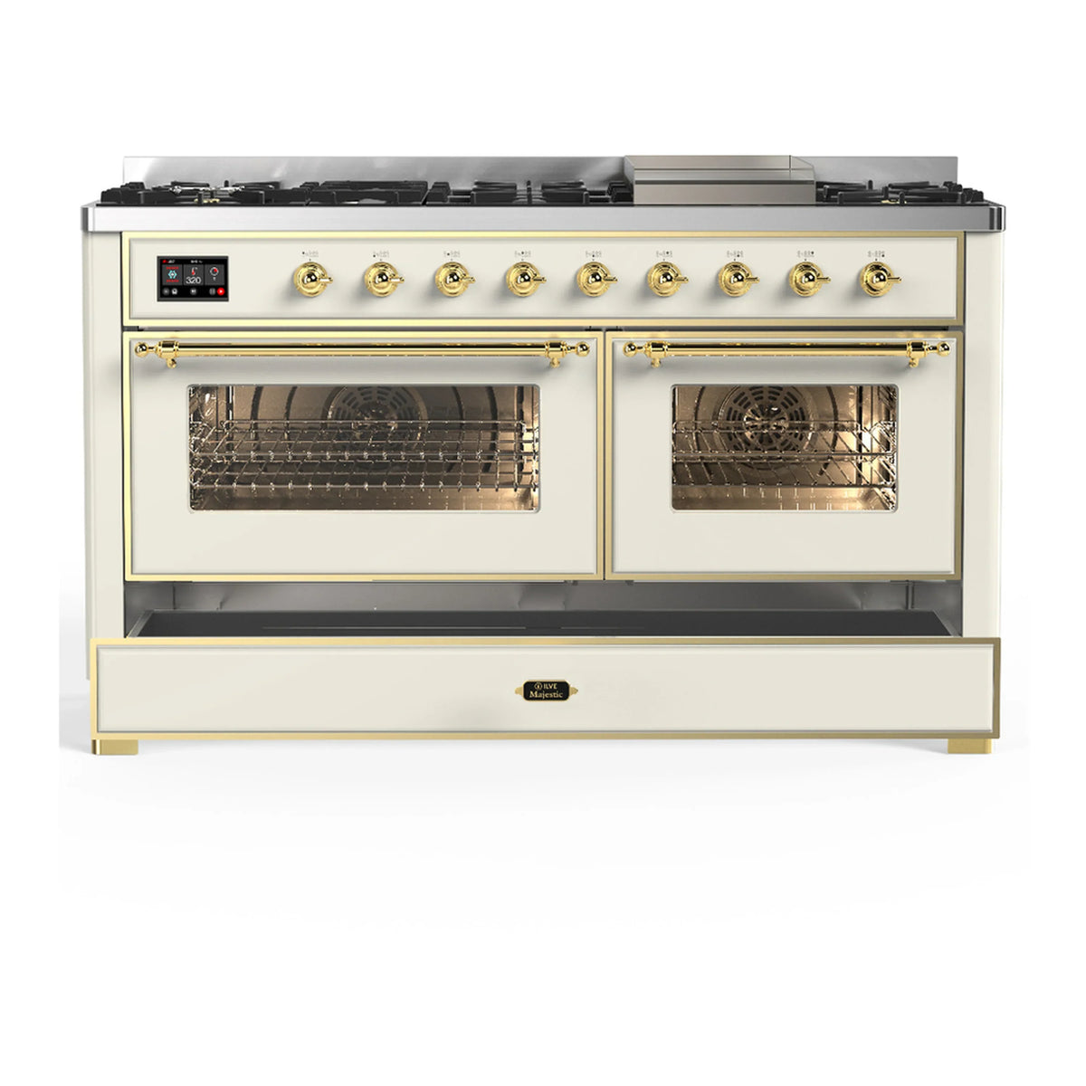 ILVE Majestic III 60-inch Dual Fuel Range with 5 Liquid Propane Burner, Griddle and Triple Glass Door Electric Oven in Antique White with Brass Trim (UM60FNR3AWGLP)