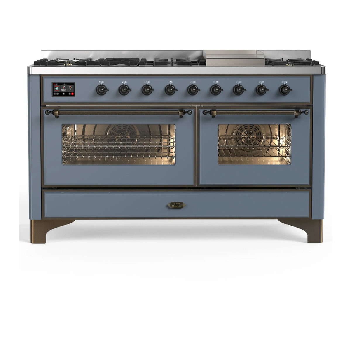 ILVE Majestic III 60-Inch LP Dual Fuel Range, 5 Burners, Griddle, Triple Glass Door Oven, Blue Grey with Burnished Trim (UM60FNR3BGBLP)