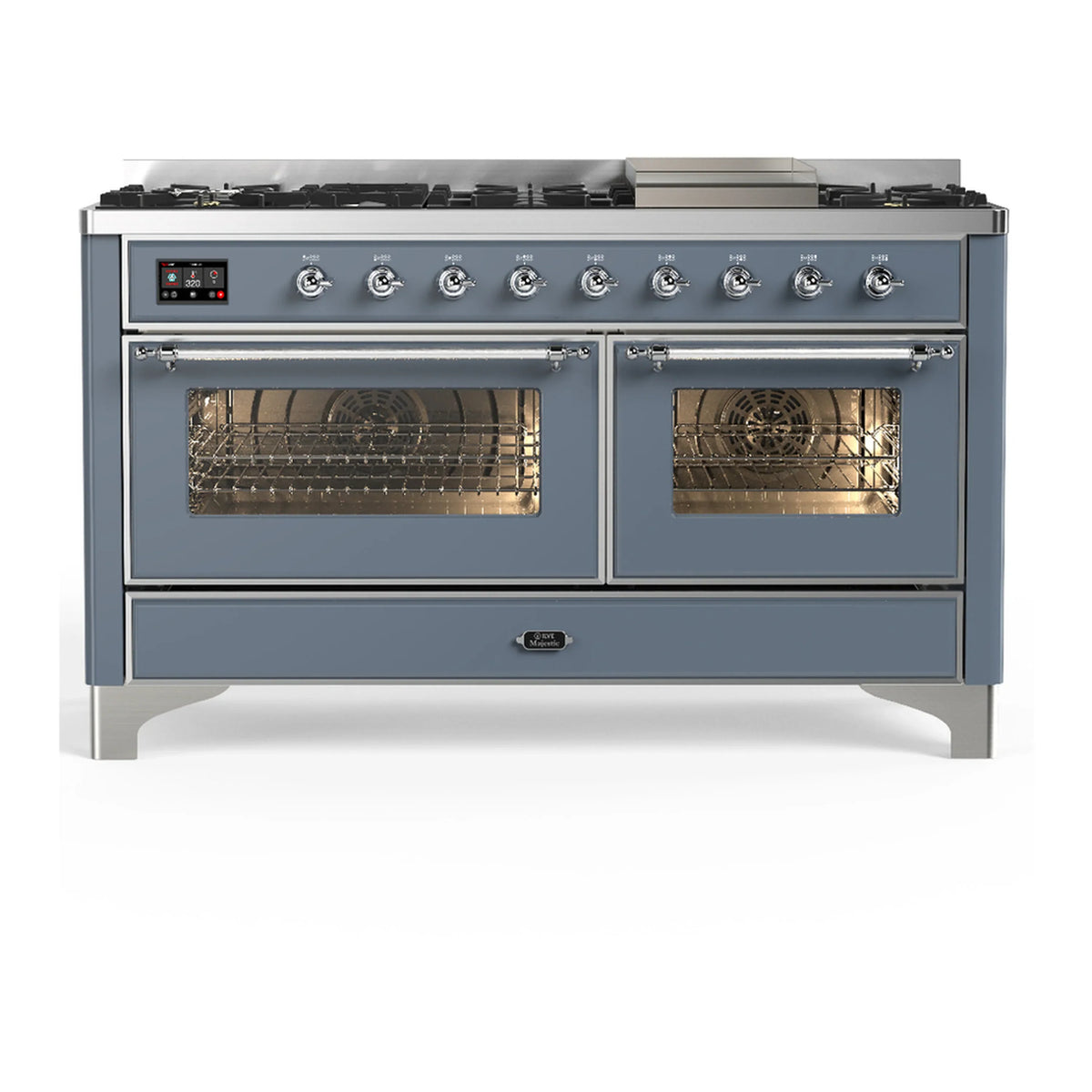 ILVE Majestic III 60-Inch LP Dual Fuel Range, 5 Burners, Griddle, Triple Glass Door Oven, Blue Grey with Chrome Trim (UM60FNR3BGCLP)