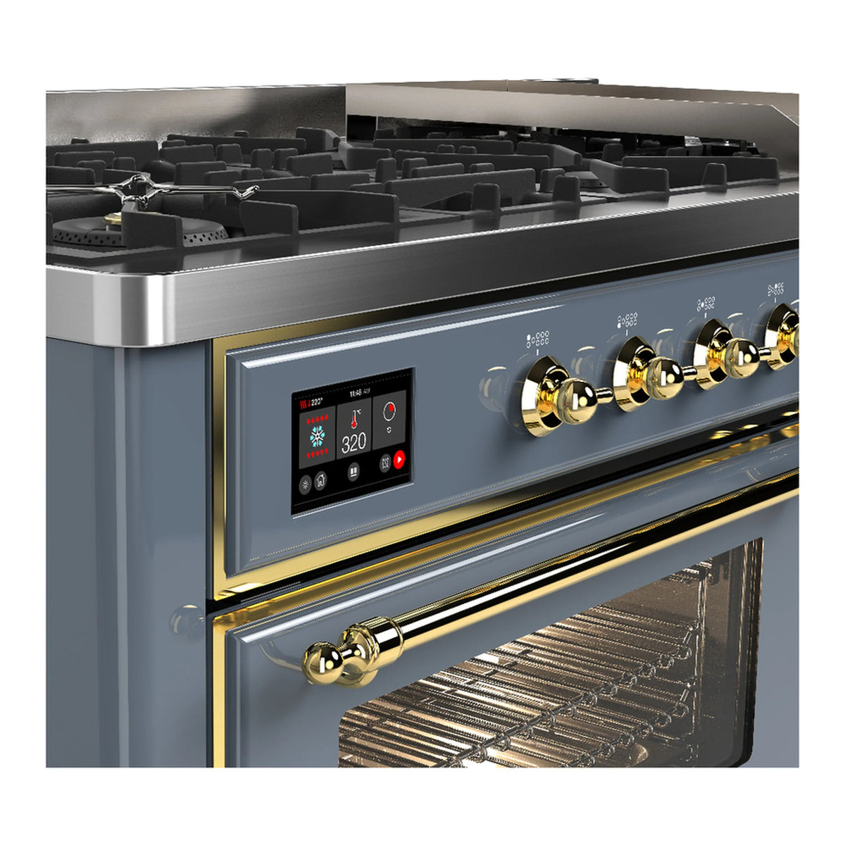 ILVE Majestic III 60-inch Dual Fuel Range with 7 Natural Gas Burner, Griddle and Triple Glass Door Electric Oven in Blue Grey with Brass Trim (UM60FNR3BGG)