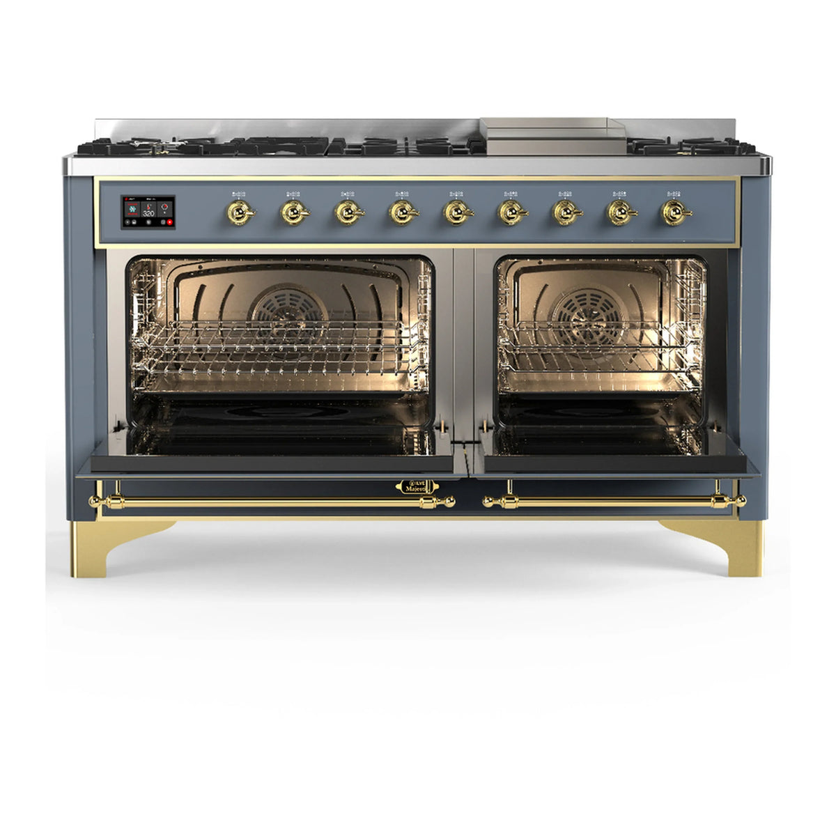 ILVE Majestic III 60-inch Dual Fuel Range with 7 Natural Gas Burner, Griddle and Triple Glass Door Electric Oven in Blue Grey with Brass Trim (UM60FNR3BGG)