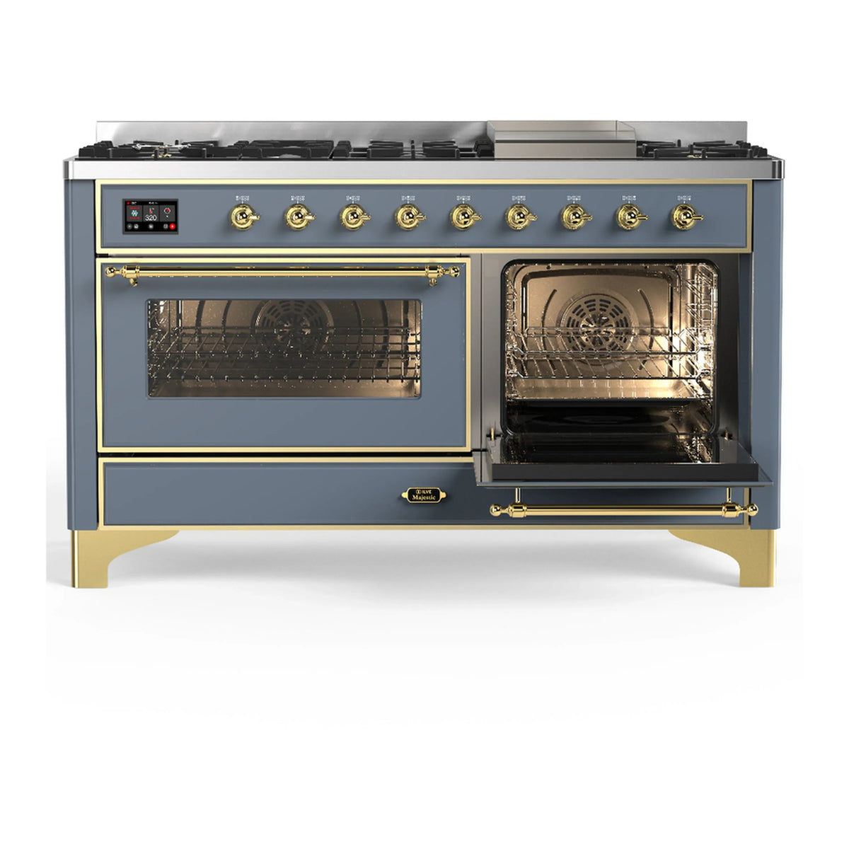 ILVE Majestic III 60-inch Dual Fuel Range with 7 Natural Gas Burner, Griddle and Triple Glass Door Electric Oven in Blue Grey with Brass Trim (UM60FNR3BGG)