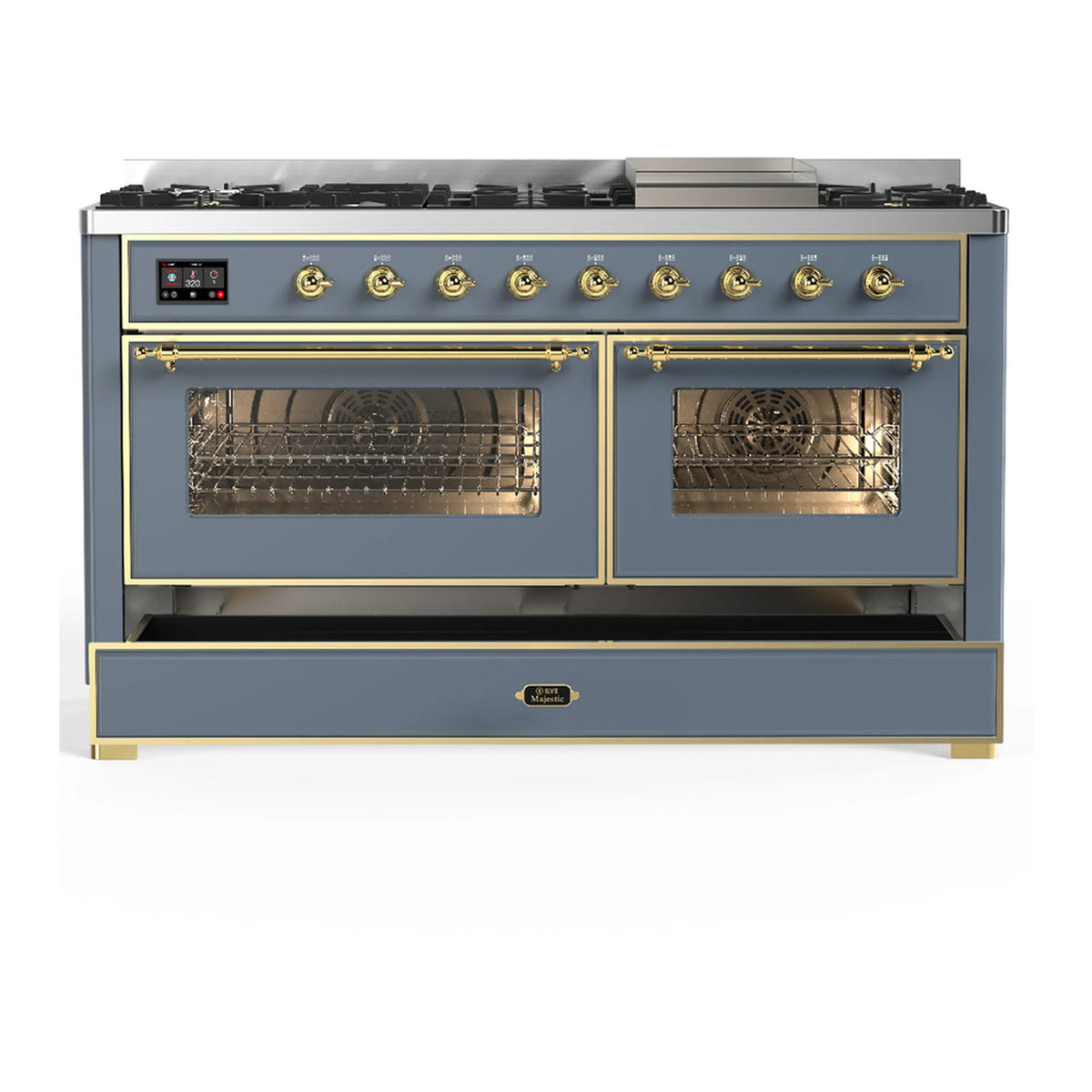 ILVE Majestic III 60-inch Dual Fuel Range with 7 Natural Gas Burner, Griddle and Triple Glass Door Electric Oven in Blue Grey with Brass Trim (UM60FNR3BGG)