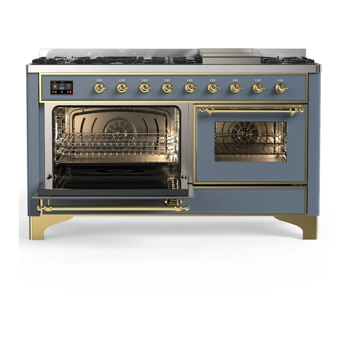 ILVE Majestic III 60-inch Dual Fuel Range with 7 Natural Gas Burner, Griddle and Triple Glass Door Electric Oven in Blue Grey with Brass Trim (UM60FNR3BGG)