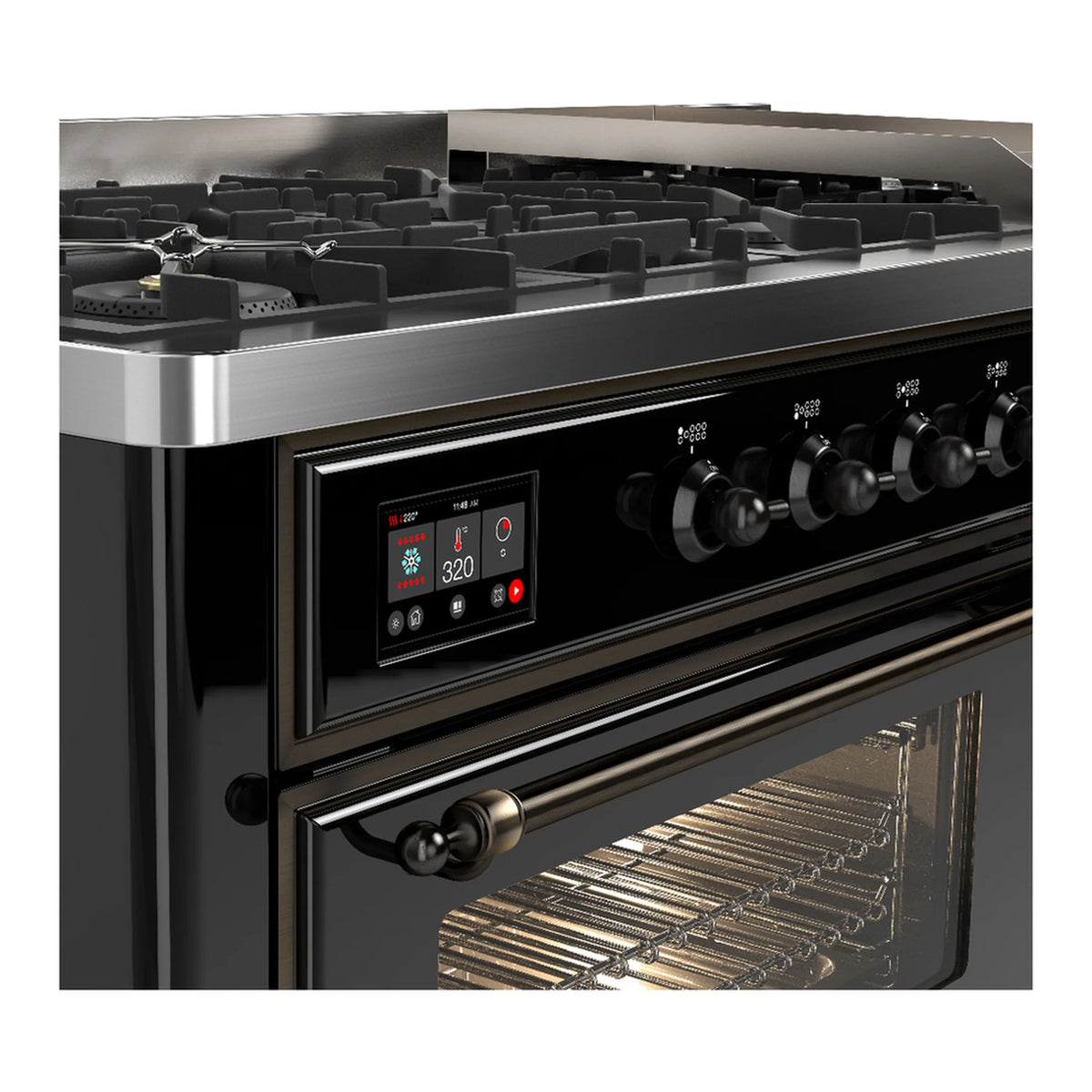 ILVE Majestic III 60-inch Dual Fuel Range with 7 Natural Gas Burner, Griddle and Triple Glass Door Electric Oven in Glossy Black with Burnished Trim (UM60FNR3BKB)