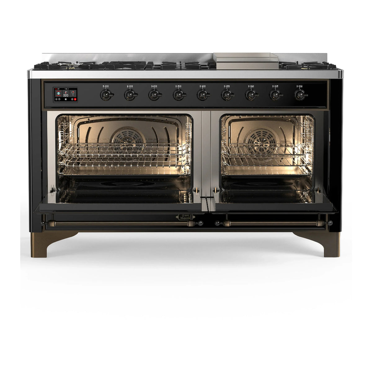 ILVE Majestic III 60-inch Dual Fuel Range with 7 Natural Gas Burner, Griddle and Triple Glass Door Electric Oven in Glossy Black with Burnished Trim (UM60FNR3BKB)