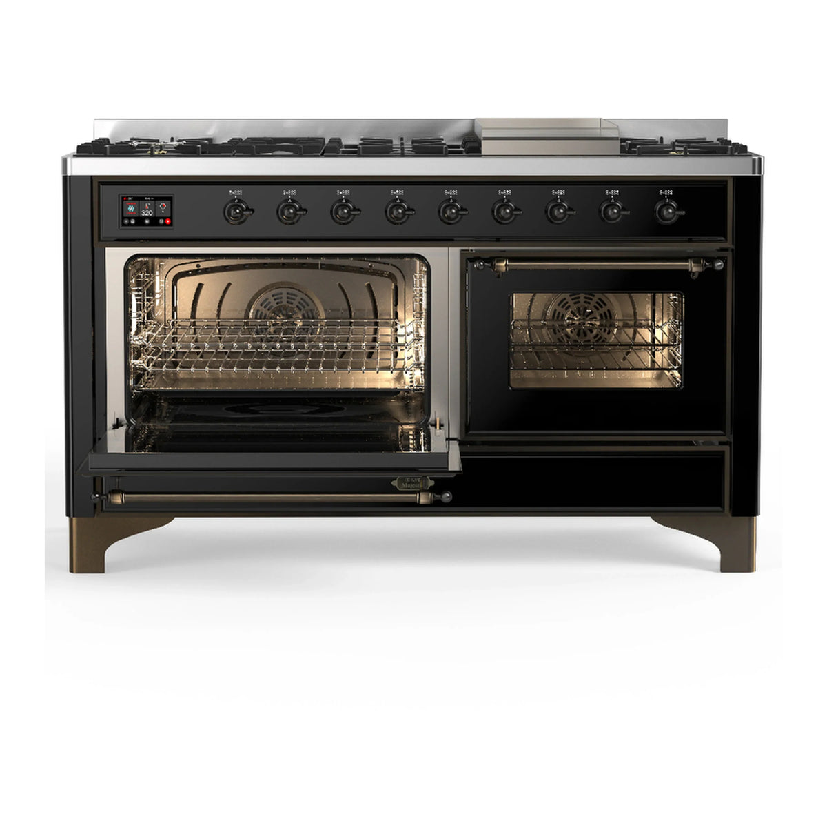 ILVE Majestic III 60-inch Dual Fuel Range with 7 Natural Gas Burner, Griddle and Triple Glass Door Electric Oven in Glossy Black with Burnished Trim (UM60FNR3BKB)