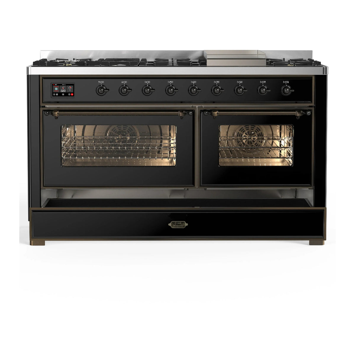 ILVE Majestic III 60-inch Dual Fuel Range with 7 Natural Gas Burner, Griddle and Triple Glass Door Electric Oven in Glossy Black with Burnished Trim (UM60FNR3BKB)