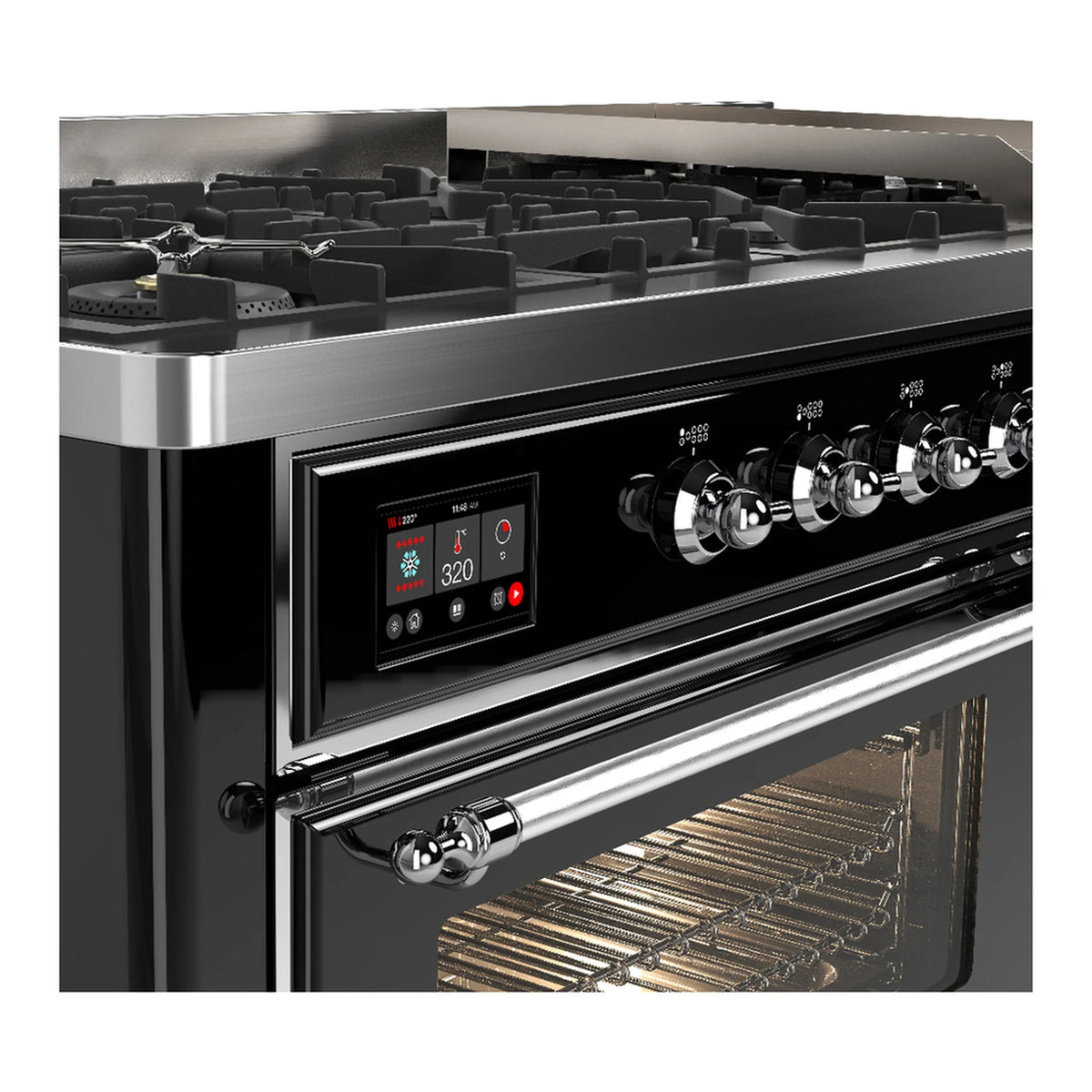 ILVE Majestic III 60-inch Dual Fuel Range with 7 Natural Gas Burner, Griddle and Triple Glass Door Electric Oven in Glossy Black with Chrome Trim (UM60FNR3BKC)