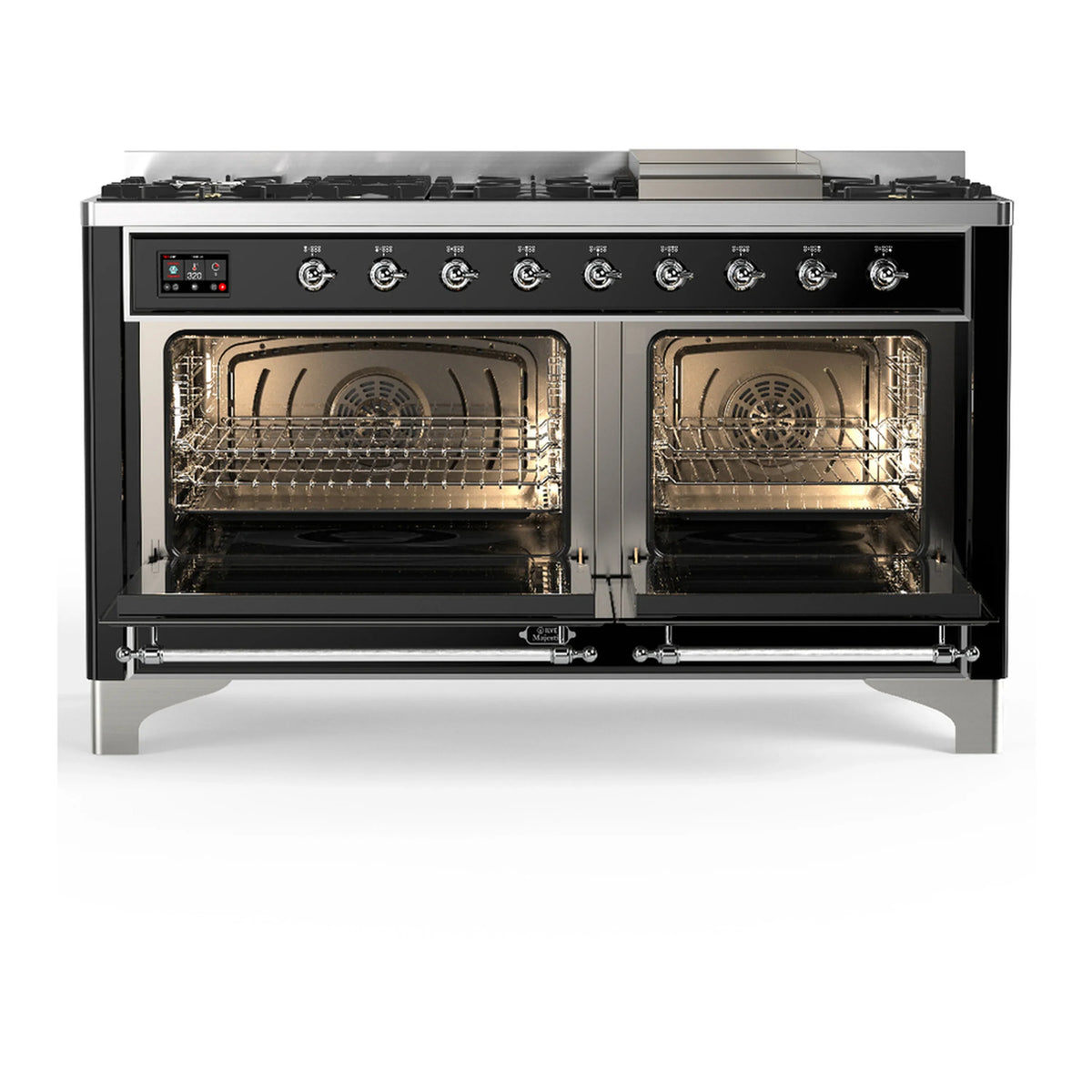 ILVE Majestic III 60-inch Dual Fuel Range with 7 Natural Gas Burner, Griddle and Triple Glass Door Electric Oven in Glossy Black with Chrome Trim (UM60FNR3BKC)