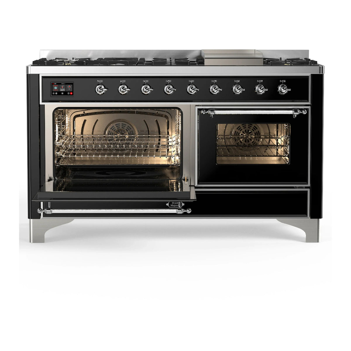 ILVE Majestic III 60-inch Dual Fuel Range with 7 Natural Gas Burner, Griddle and Triple Glass Door Electric Oven in Glossy Black with Chrome Trim (UM60FNR3BKC)