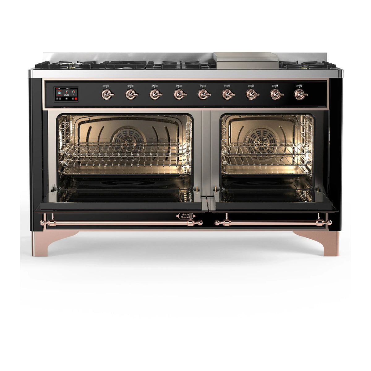 ILVE Majestic III 60-inch Dual Fuel Range with 5 Liquid Propane Burner, Griddle and Triple Glass Door Electric Oven in Glossy Black with Copper Trim (UM60FNR3BKPLP)