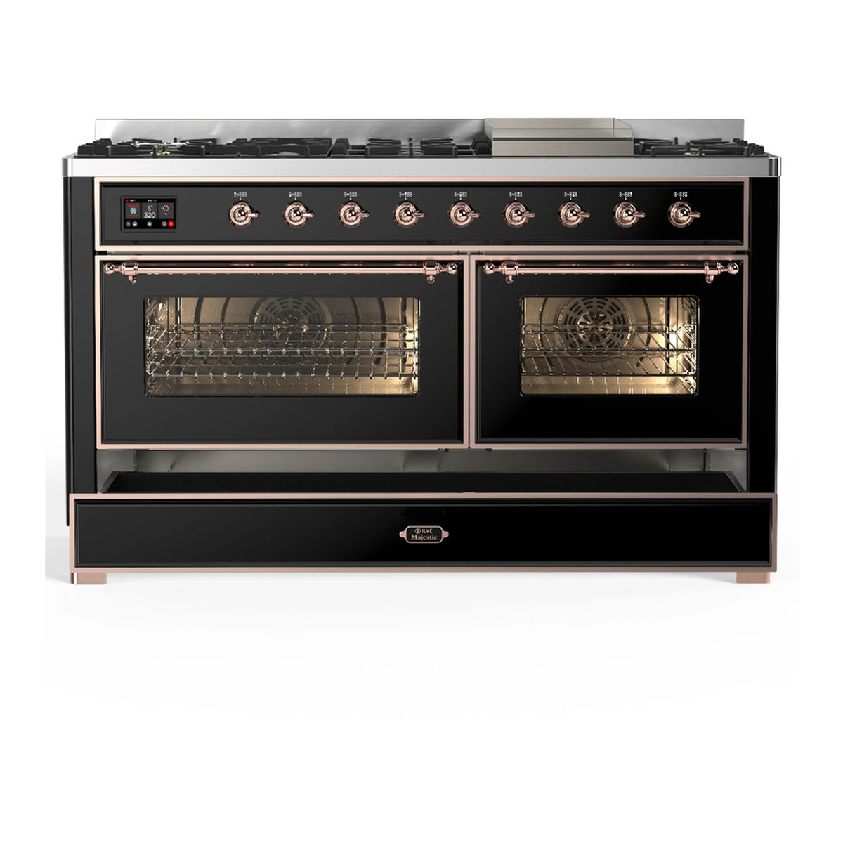 ILVE Majestic III 60-inch Dual Fuel Range with 5 Liquid Propane Burner, Griddle and Triple Glass Door Electric Oven in Glossy Black with Copper Trim (UM60FNR3BKPLP)