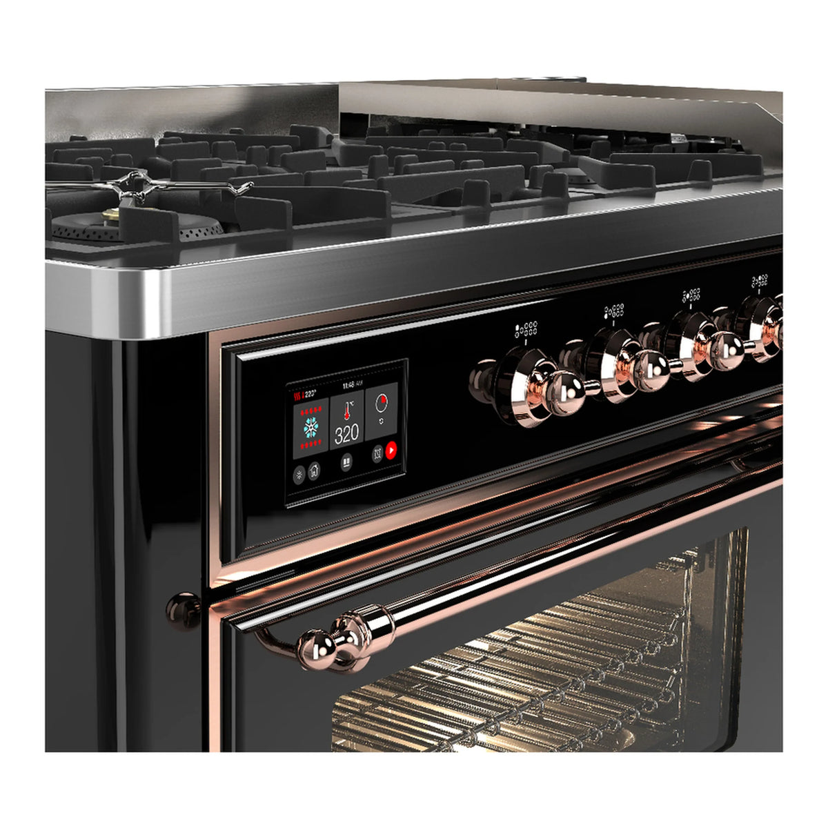 ILVE Majestic III 60-inch Dual Fuel Range with 7 Natural Gas Burner, Griddle and Triple Glass Door Electric Oven in Glossy Black with Copper Trim (UM60FNR3BKP)