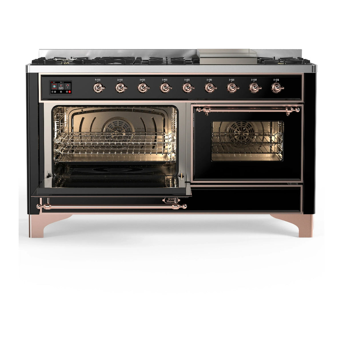 ILVE Majestic III 60-inch Dual Fuel Range with 7 Natural Gas Burner, Griddle and Triple Glass Door Electric Oven in Glossy Black with Copper Trim (UM60FNR3BKP)