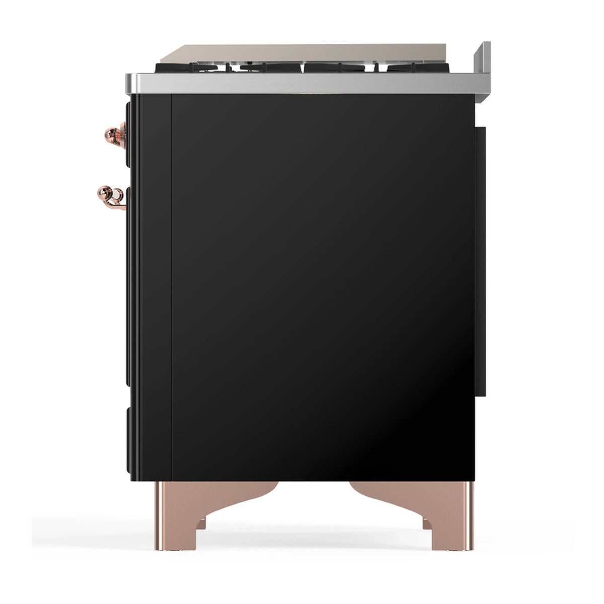 ILVE Majestic III 60-inch Dual Fuel Range with 7 Natural Gas Burner, Griddle and Triple Glass Door Electric Oven in Glossy Black with Copper Trim (UM60FNR3BKP)