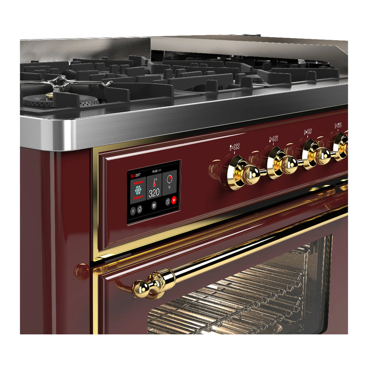 ILVE Majestic III 60-inch Dual Fuel Range with 5 Liquid Propane Burner, Griddle and Triple Glass Door Electric Oven in Burgundy with Brass Trim (UM60FNR3BUGLP)