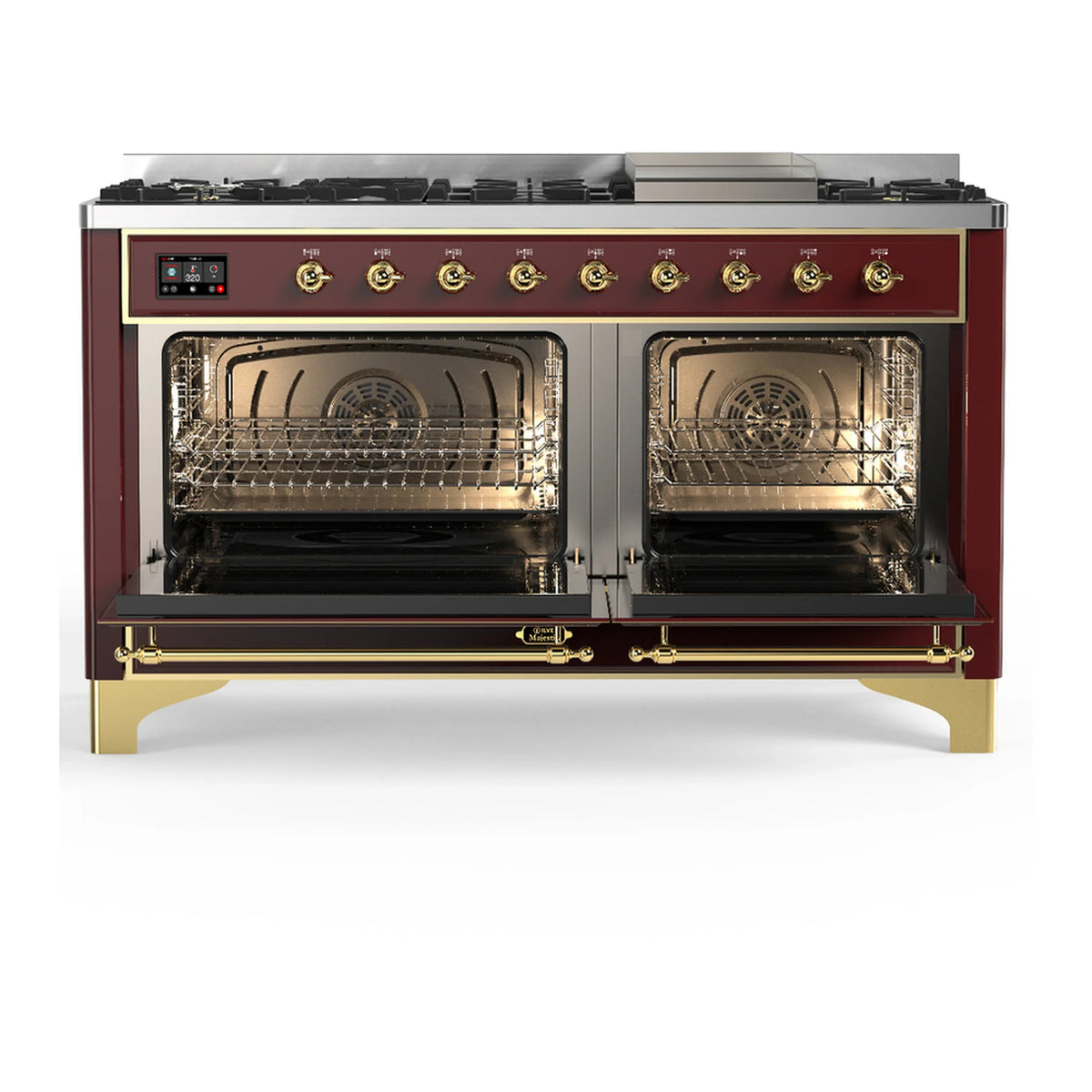 ILVE Majestic III 60-inch Dual Fuel Range with 5 Liquid Propane Burner, Griddle and Triple Glass Door Electric Oven in Burgundy with Brass Trim (UM60FNR3BUGLP)