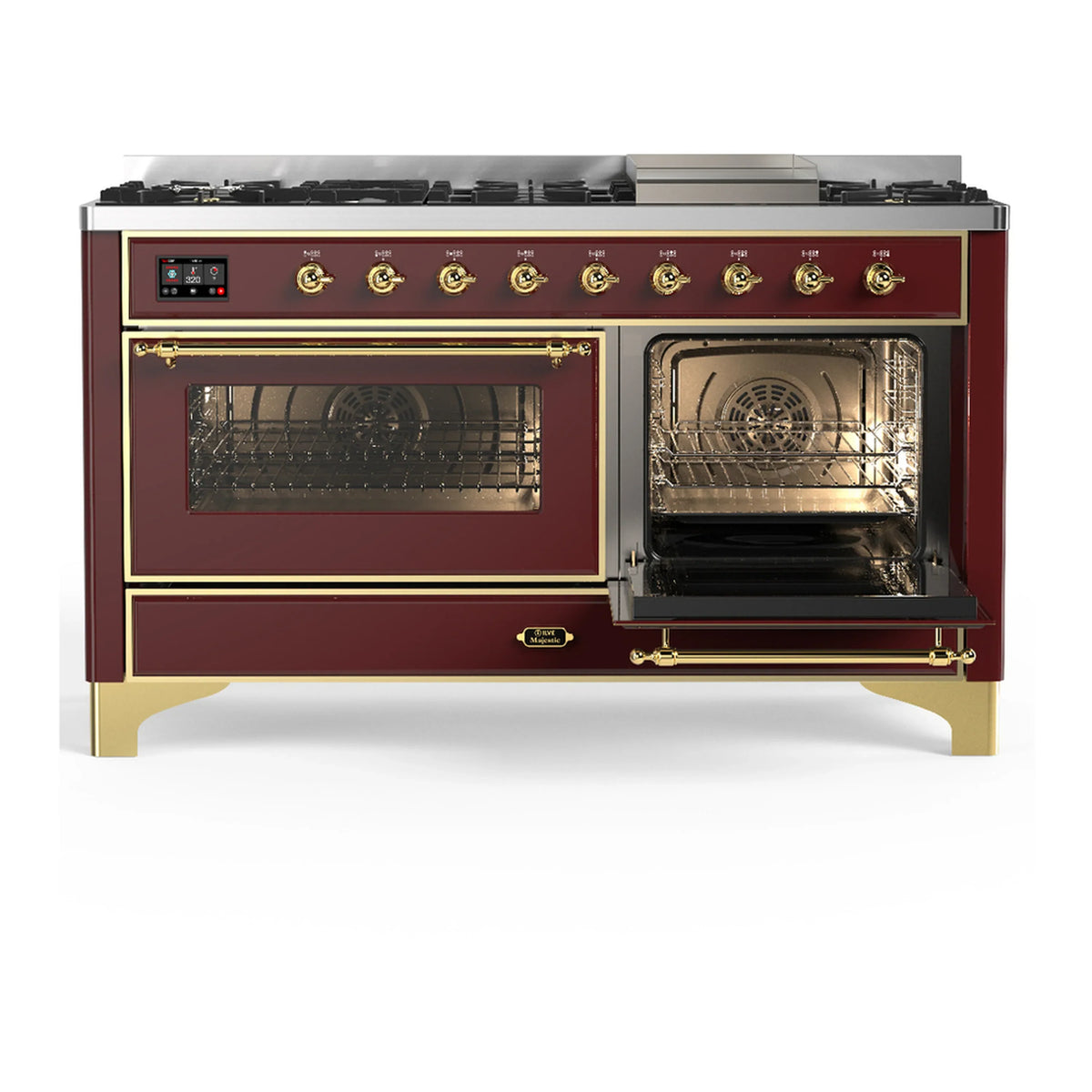 ILVE Majestic III 60-inch Dual Fuel Range with 5 Liquid Propane Burner, Griddle and Triple Glass Door Electric Oven in Burgundy with Brass Trim (UM60FNR3BUGLP)