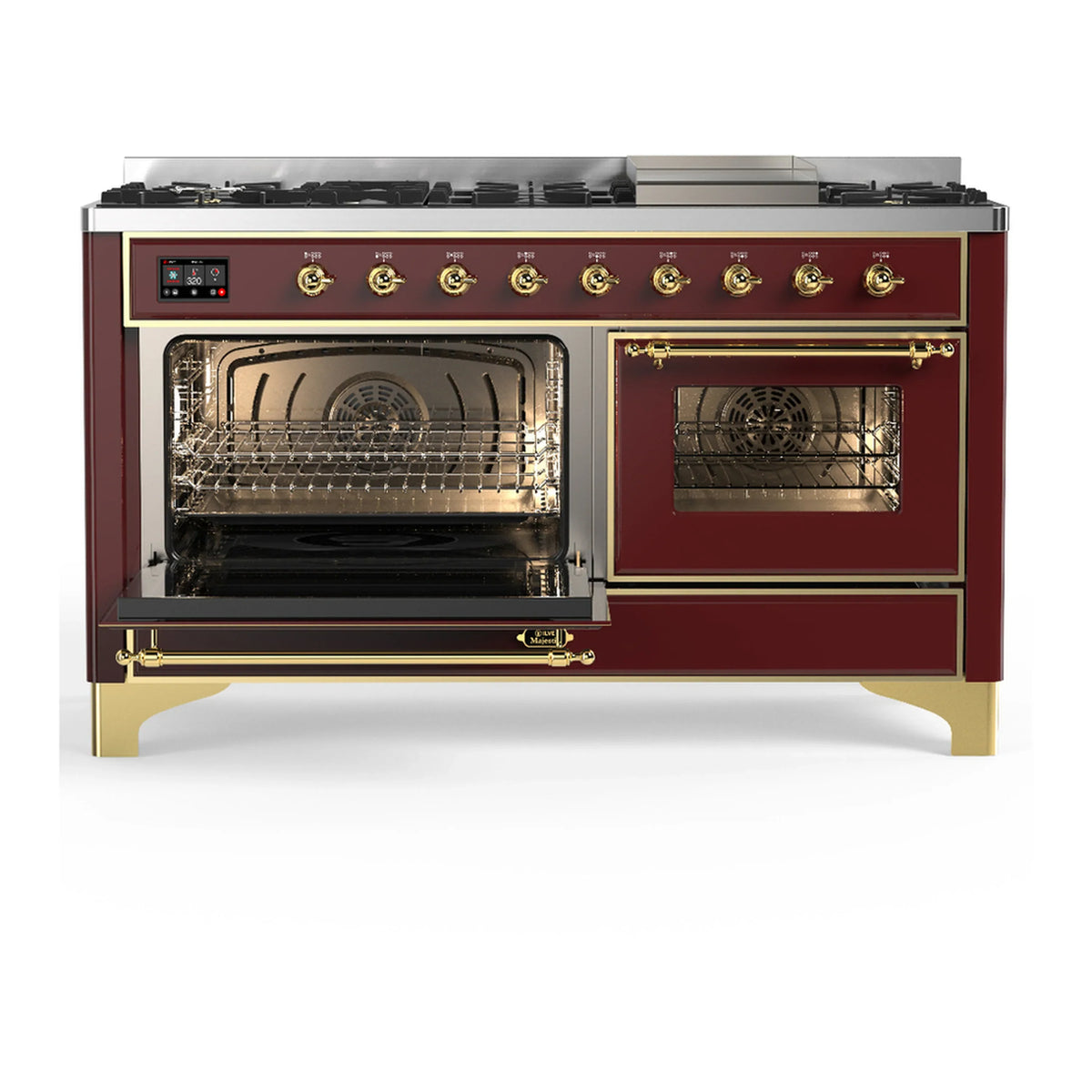 ILVE Majestic III 60-inch Dual Fuel Range with 5 Liquid Propane Burner, Griddle and Triple Glass Door Electric Oven in Burgundy with Brass Trim (UM60FNR3BUGLP)