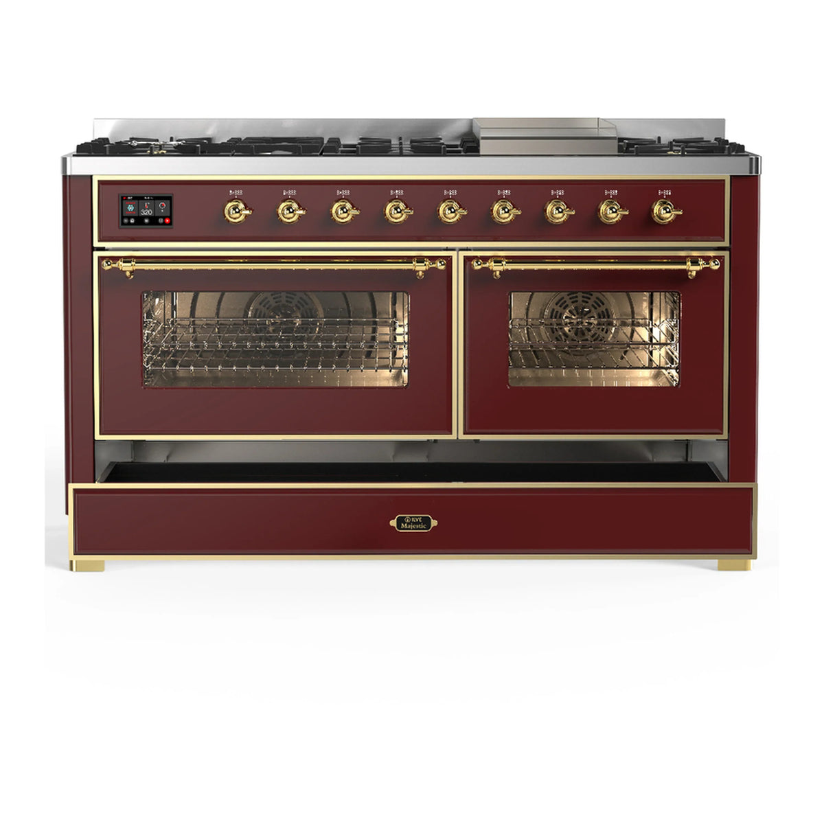 ILVE Majestic III 60-inch Dual Fuel Range with 5 Liquid Propane Burner, Griddle and Triple Glass Door Electric Oven in Burgundy with Brass Trim (UM60FNR3BUGLP)