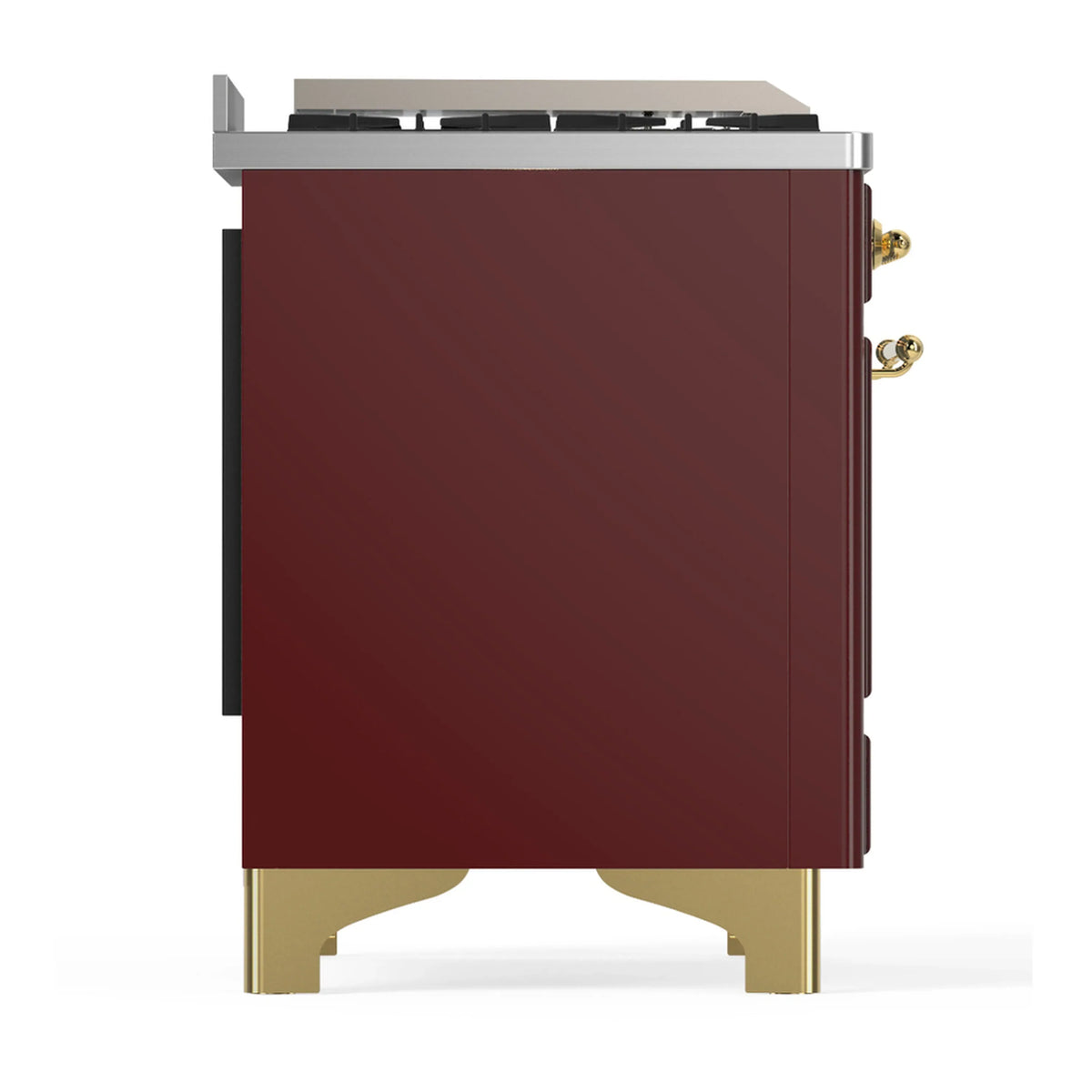 ILVE Majestic III 60-inch Dual Fuel Range with 5 Liquid Propane Burner, Griddle and Triple Glass Door Electric Oven in Burgundy with Brass Trim (UM60FNR3BUGLP)