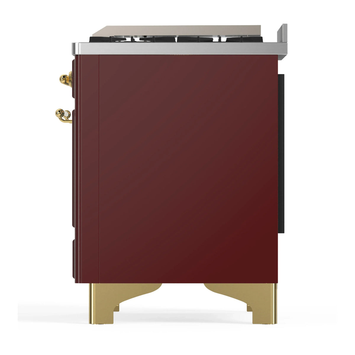 ILVE Majestic III 60-inch Dual Fuel Range with 5 Liquid Propane Burner, Griddle and Triple Glass Door Electric Oven in Burgundy with Brass Trim (UM60FNR3BUGLP)