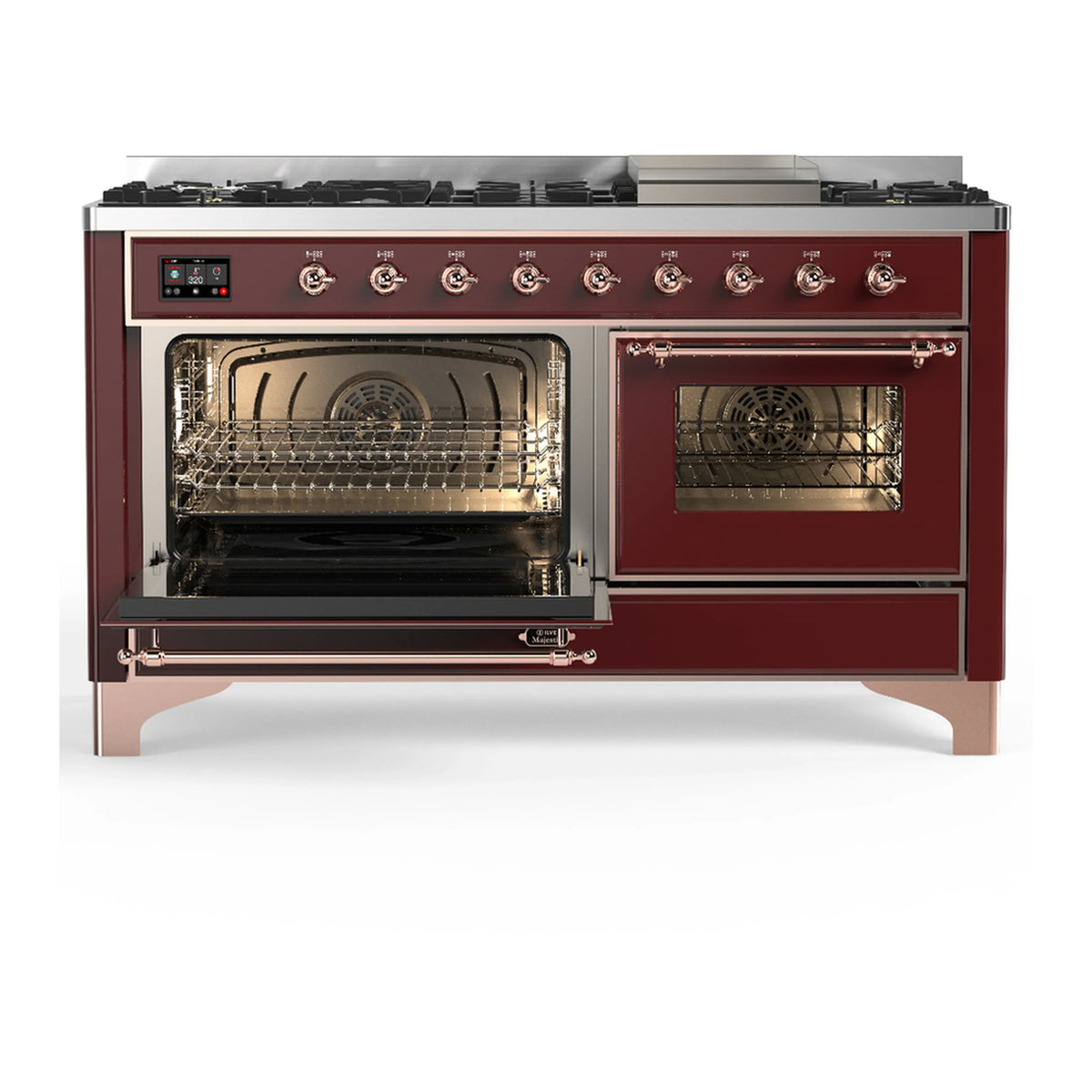 ILVE Majestic III 60-inch Dual Fuel Range with 5 Liquid Propane Burner, Griddle and Triple Glass Door Electric Oven in Burgundy with Copper Trim (UM60FNR3BUPLP)