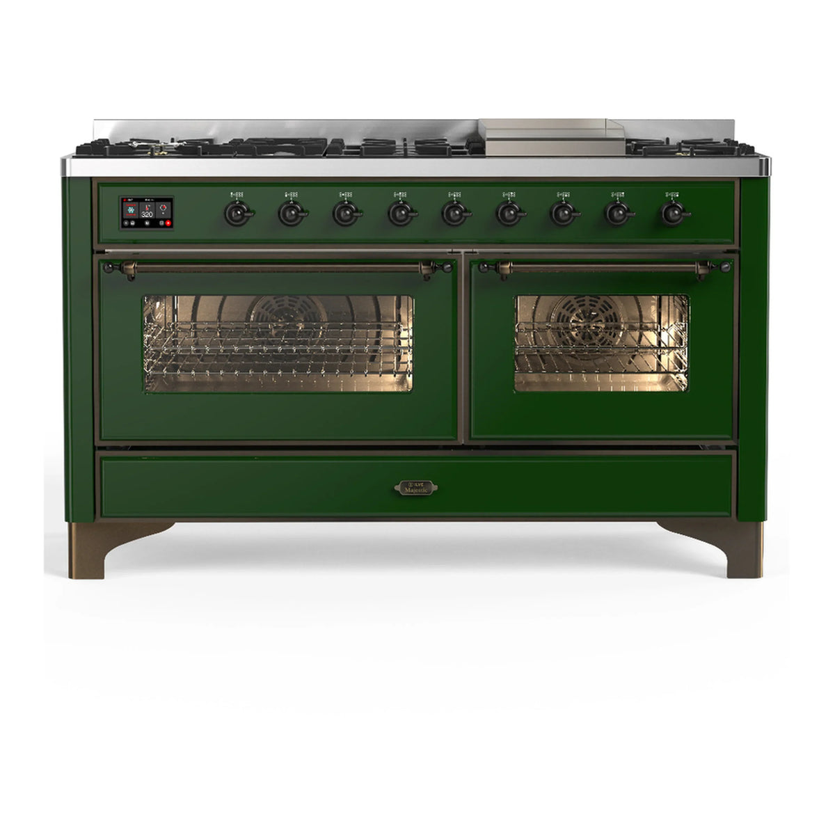 ILVE Majestic III 60-Inch LP Dual Fuel Range, 5 Burners, Griddle, Triple Glass Door Oven, Emerald Green with Burnished Trim (UM60FNR3EGBLP)
