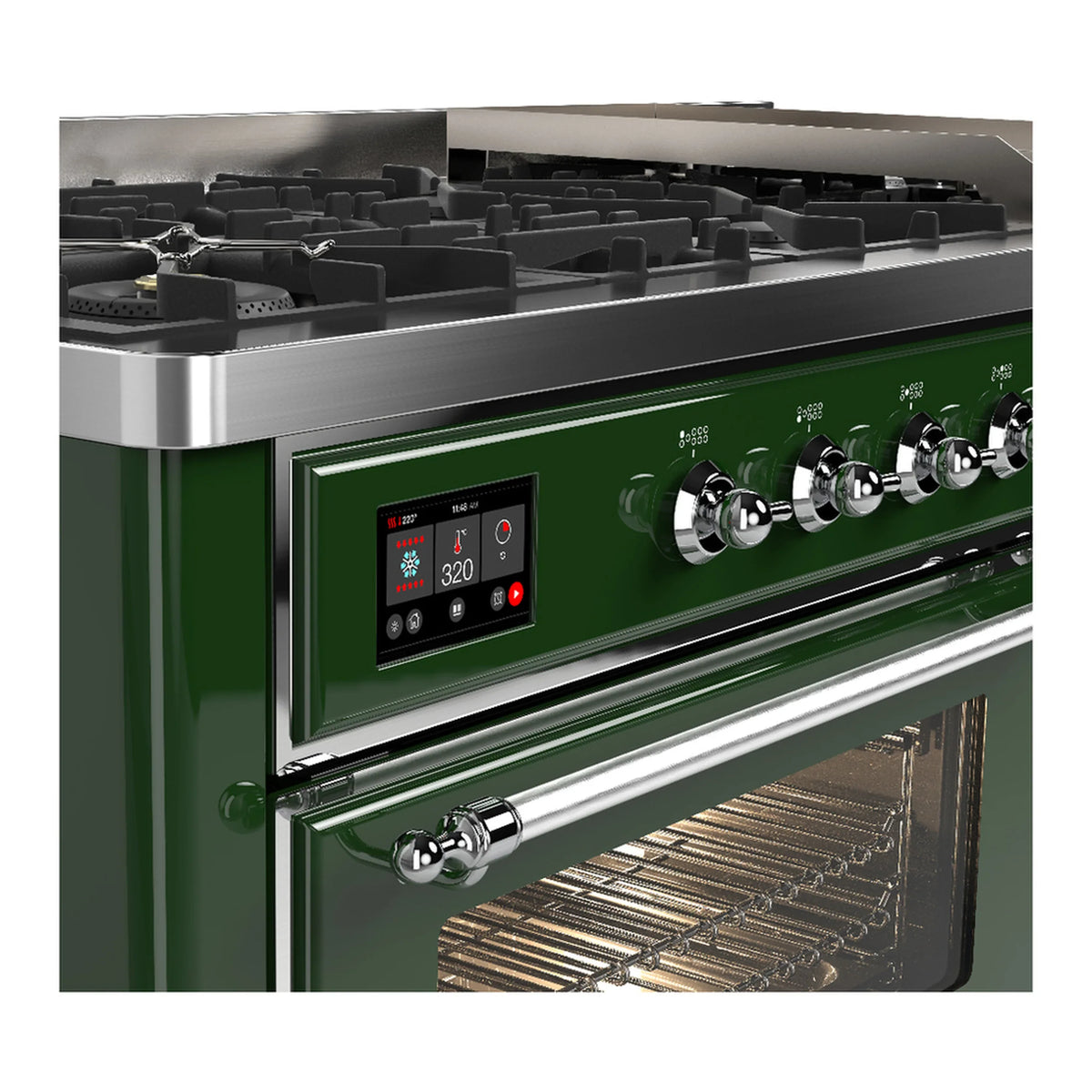 ILVE Majestic III 60-inch Dual Fuel Range with 7 Natural Gas Burner, Griddle and Triple Glass Door Electric Oven in Emerald Green with Chrome Trim (UM60FNR3EGC)