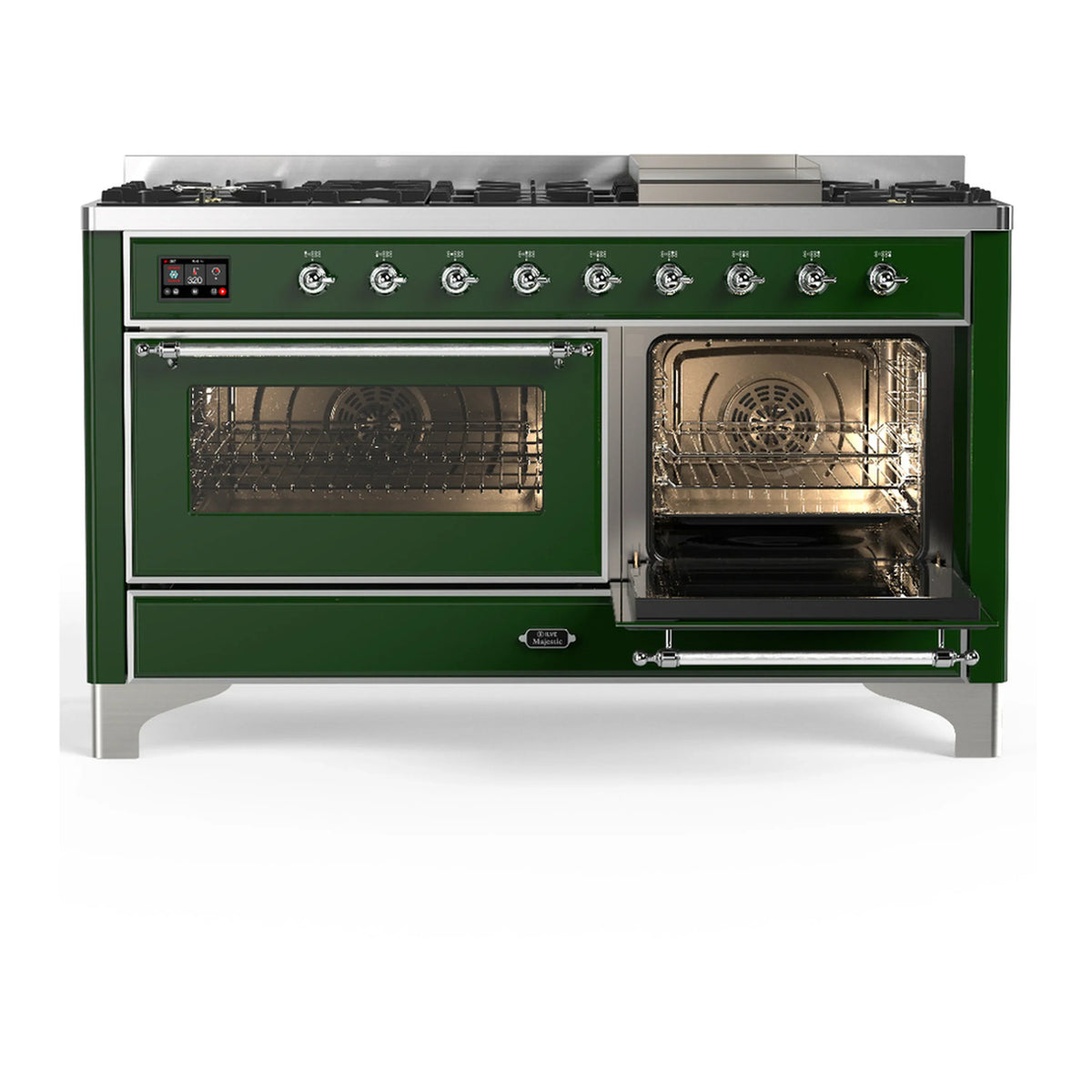 ILVE Majestic III 60-inch Dual Fuel Range with 7 Natural Gas Burner, Griddle and Triple Glass Door Electric Oven in Emerald Green with Chrome Trim (UM60FNR3EGC)