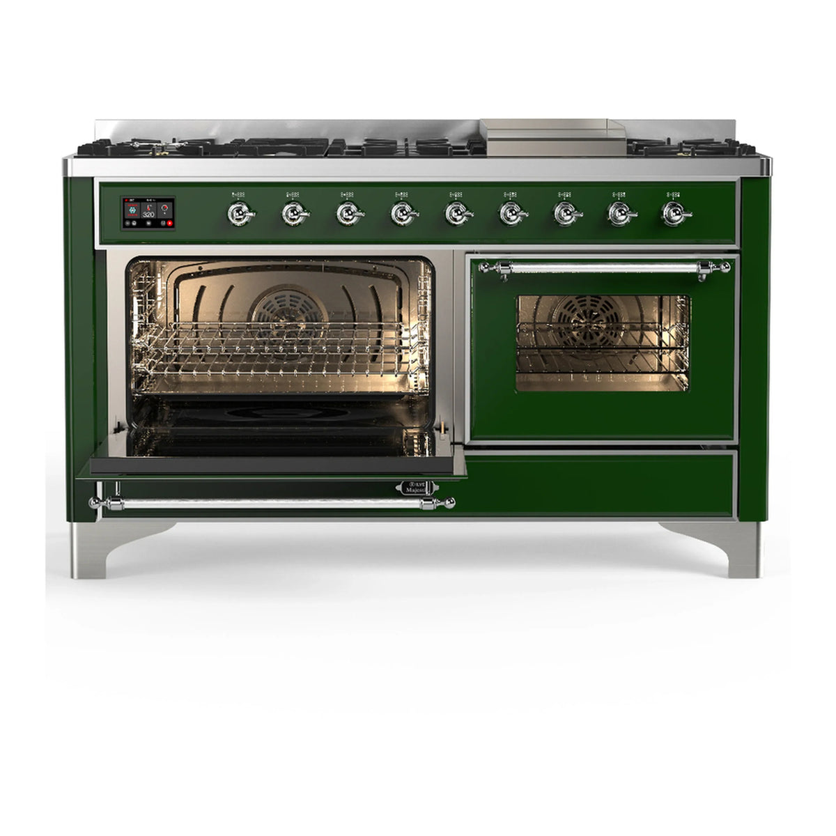 ILVE Majestic III 60-inch Dual Fuel Range with 7 Natural Gas Burner, Griddle and Triple Glass Door Electric Oven in Emerald Green with Chrome Trim (UM60FNR3EGC)