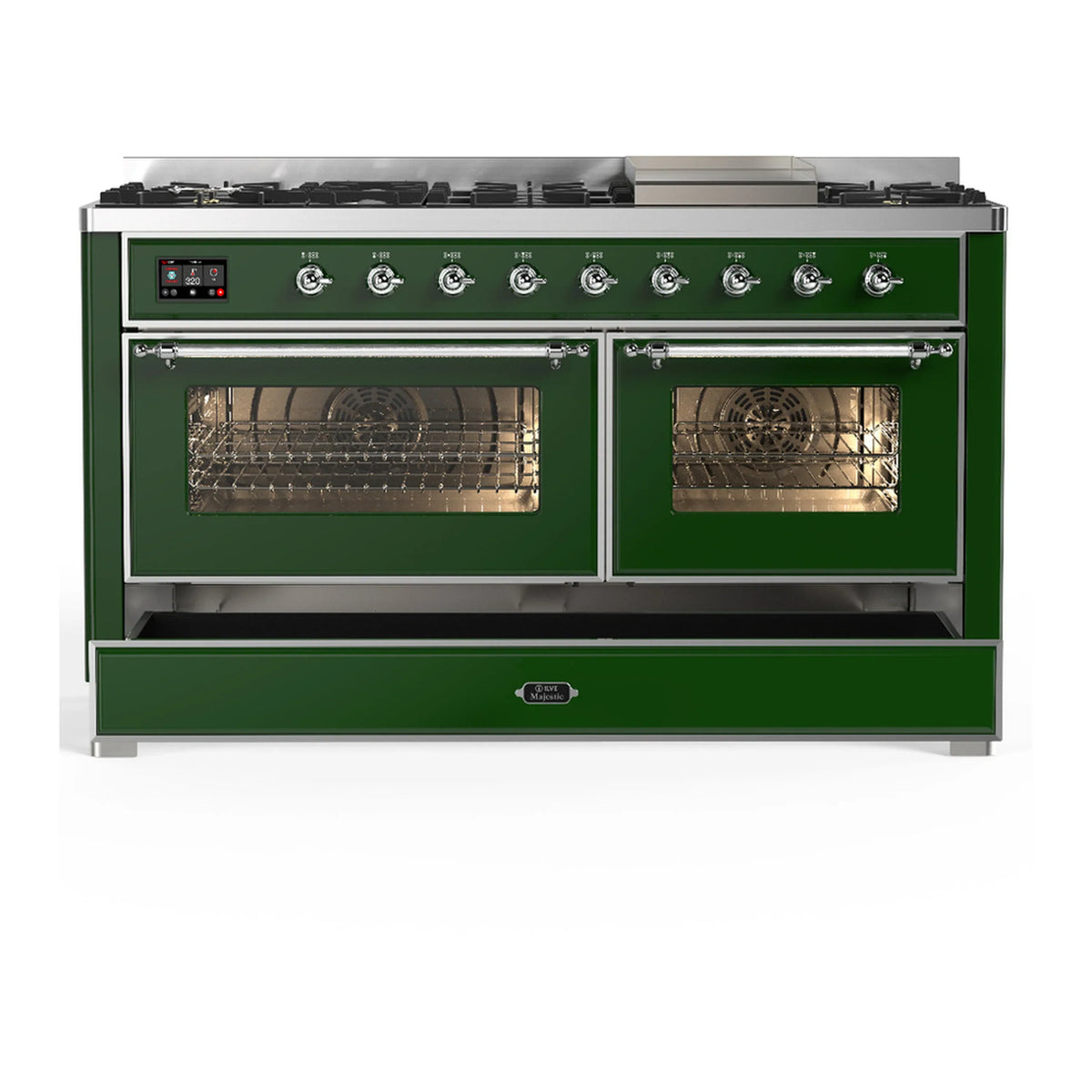 ILVE Majestic III 60-inch Dual Fuel Range with 7 Natural Gas Burner, Griddle and Triple Glass Door Electric Oven in Emerald Green with Chrome Trim (UM60FNR3EGC)
