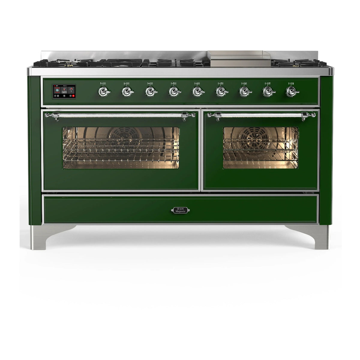 ILVE Majestic III 60-inch Dual Fuel Range with 7 Natural Gas Burner, Griddle and Triple Glass Door Electric Oven in Emerald Green with Chrome Trim (UM60FNR3EGC)