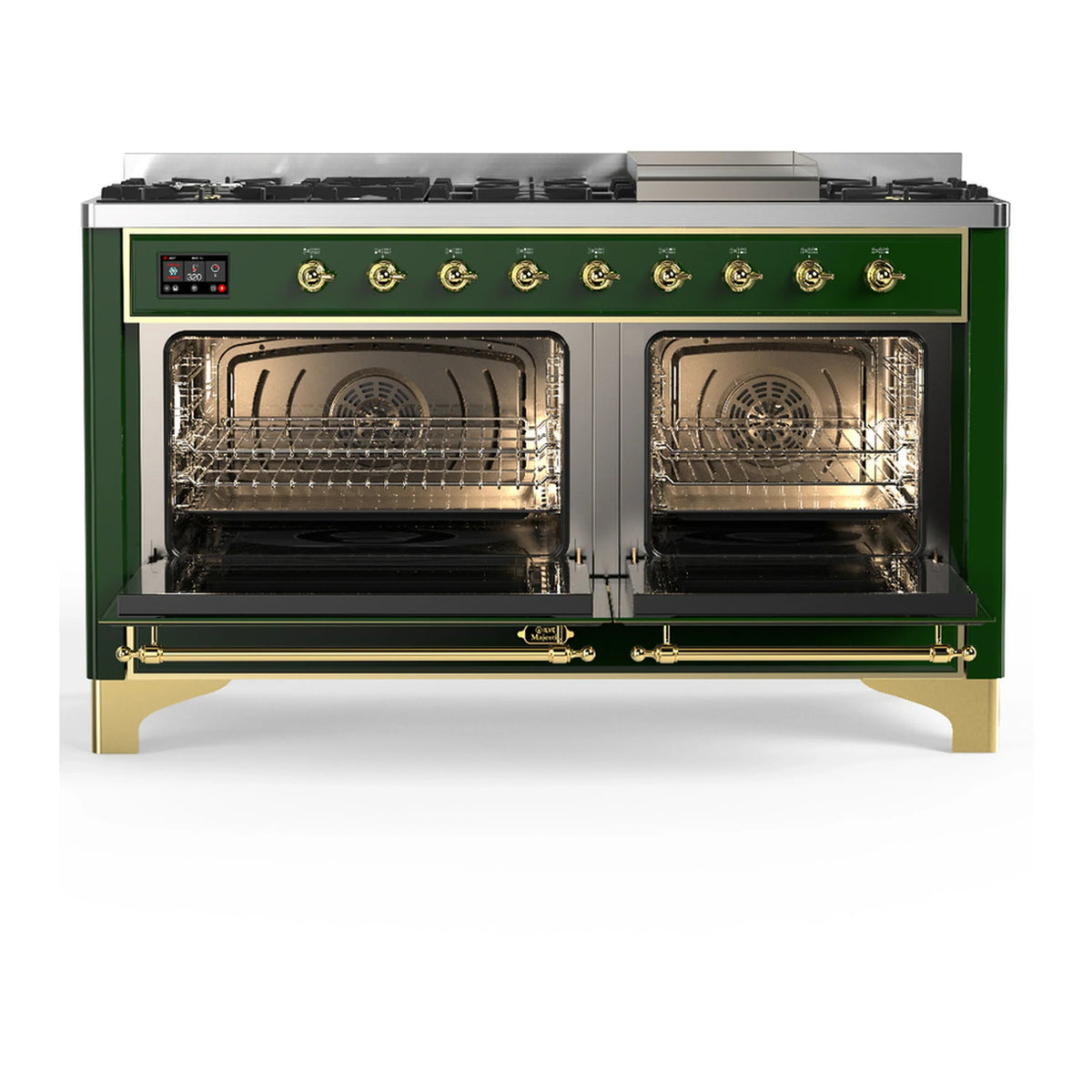 ILVE Majestic III 60-inch Dual Fuel Range with 5 Liquid Propane Burner, Griddle and Triple Glass Door Electric Oven in Emerald Green with Brass Trim (UM60FNR3EGGLP)