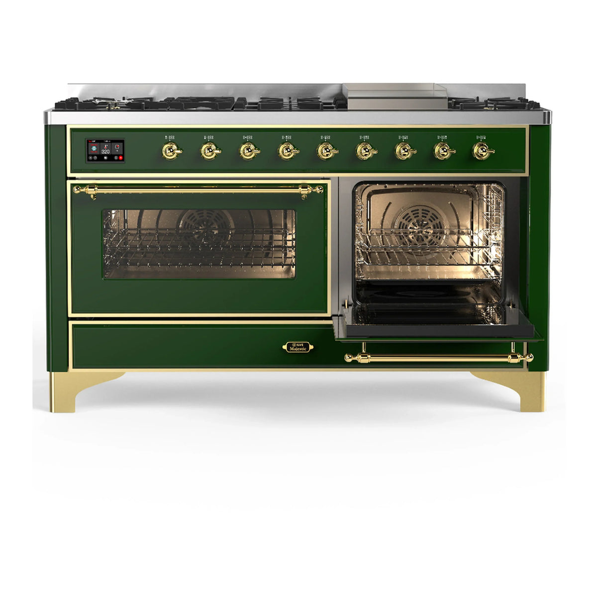 ILVE Majestic III 60-inch Dual Fuel Range with 5 Liquid Propane Burner, Griddle and Triple Glass Door Electric Oven in Emerald Green with Brass Trim (UM60FNR3EGGLP)