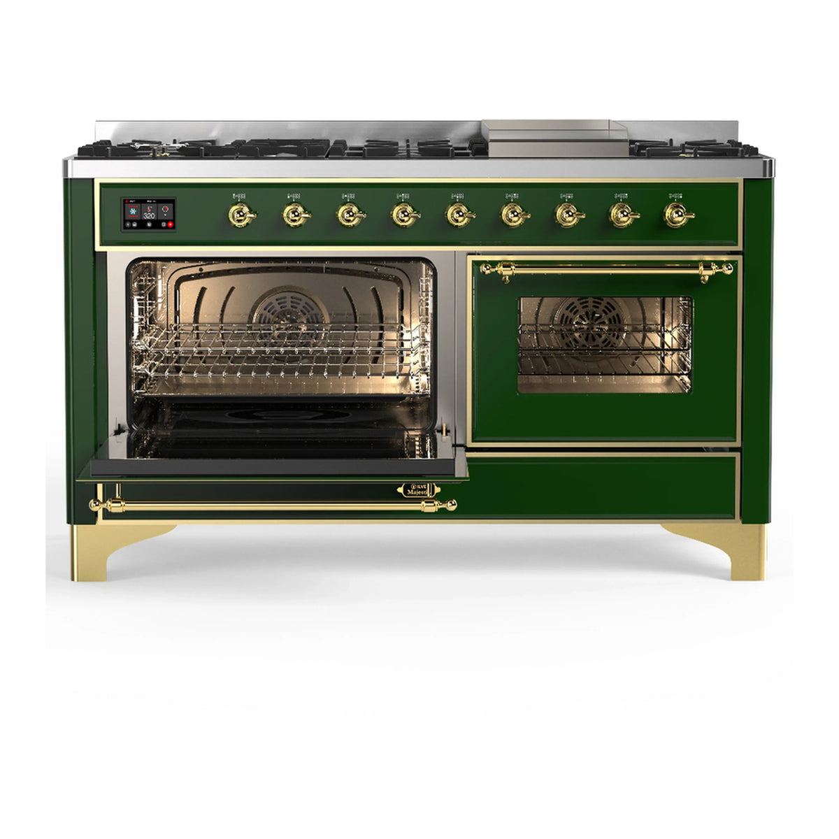 ILVE Majestic III 60-inch Dual Fuel Range with 5 Liquid Propane Burner, Griddle and Triple Glass Door Electric Oven in Emerald Green with Brass Trim (UM60FNR3EGGLP)