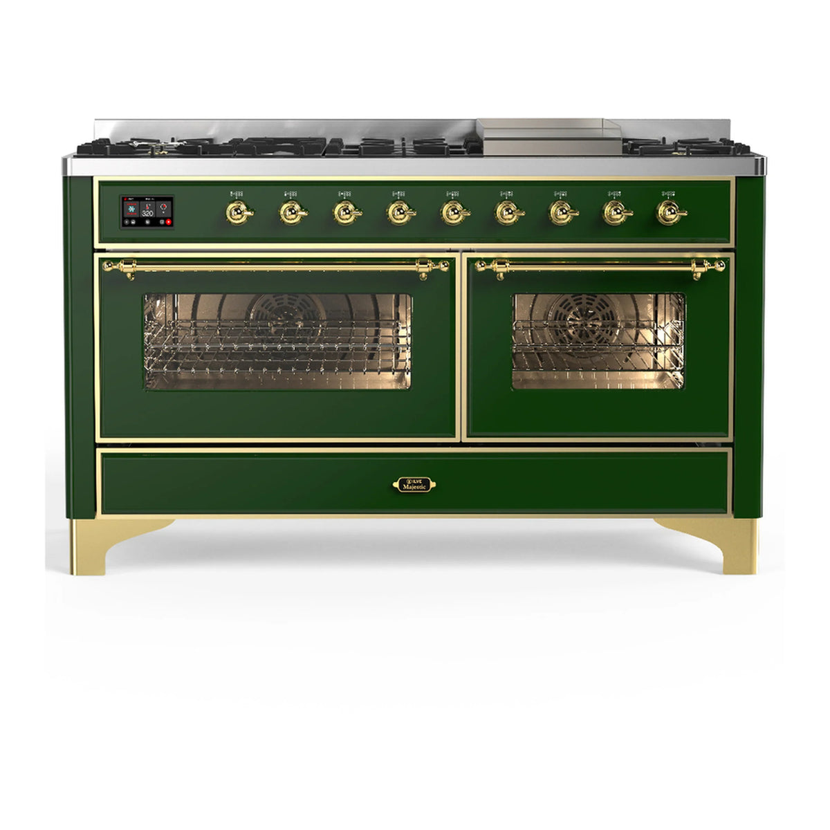 ILVE Majestic III 60-inch Dual Fuel Range with 5 Liquid Propane Burner, Griddle and Triple Glass Door Electric Oven in Emerald Green with Brass Trim (UM60FNR3EGGLP)